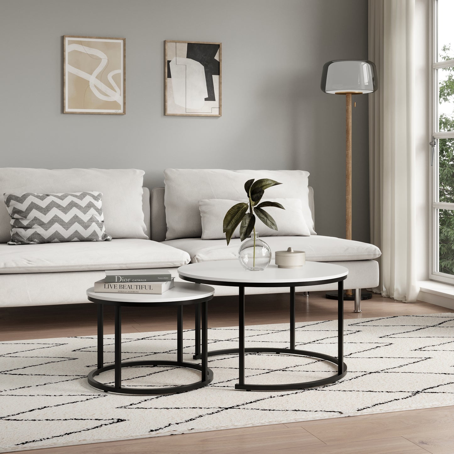 Couchtisch Groß 2er Set aus Holz, Wohnzimmertisch Modern, Beistelltisch Set 2 in 1 mit Metallgestell für Wohnzimmer Büro Beistelltisch Loft Design TWIN, kratzfeste Oberfläche