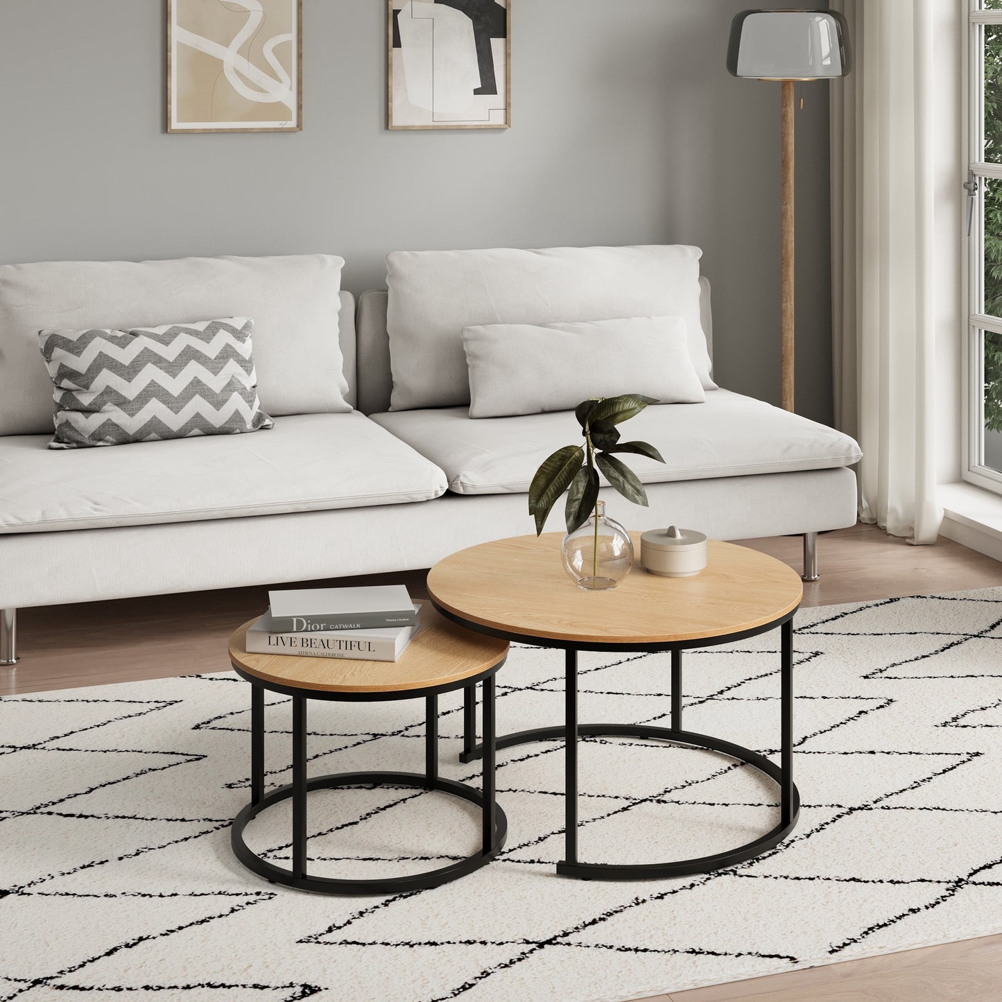 Couchtisch Groß 2er Set aus Holz, Wohnzimmertisch Modern, Beistelltisch Set 2 in 1 mit Metallgestell für Wohnzimmer Büro Beistelltisch Loft Design TWIN, kratzfeste Oberfläche