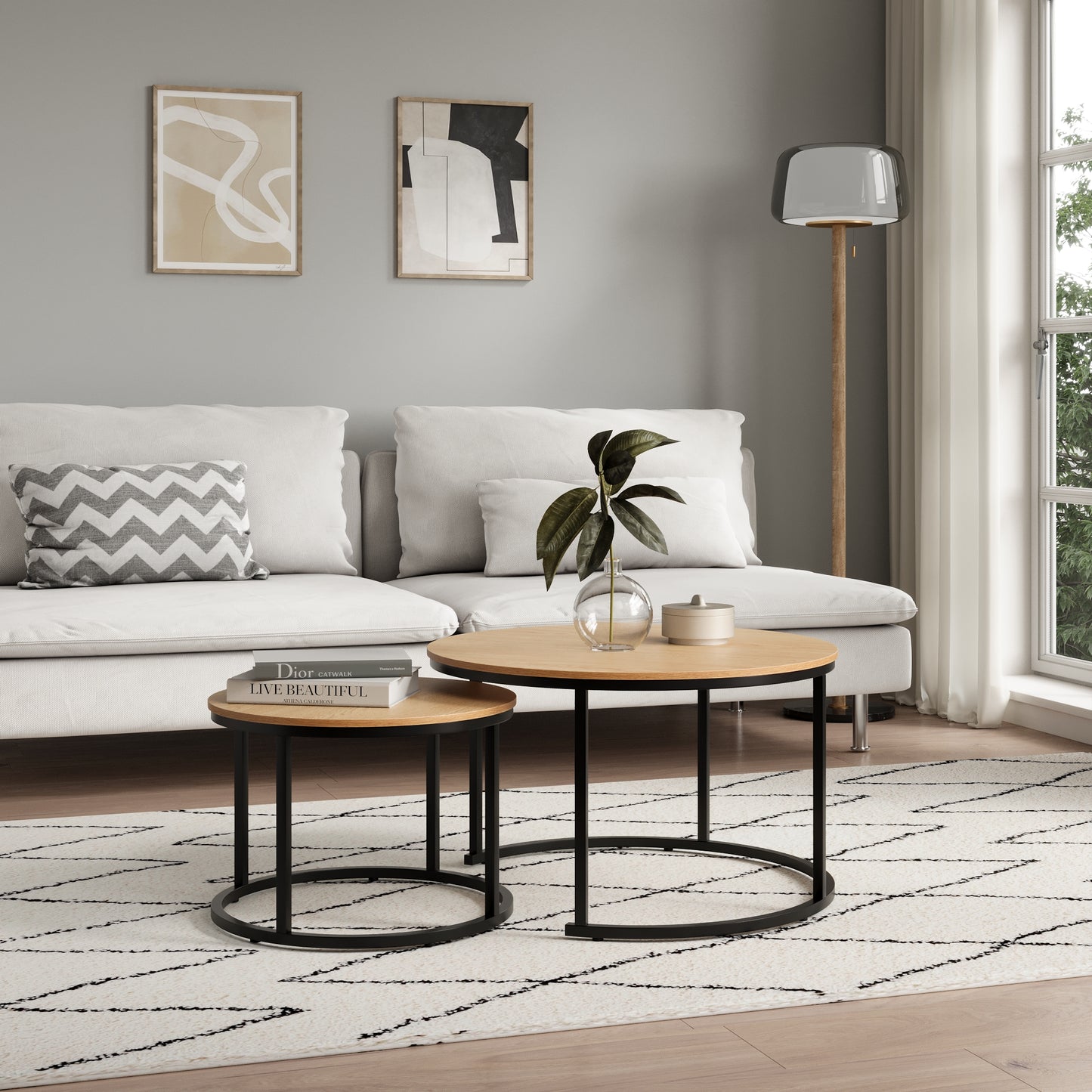 Couchtisch Groß 2er Set aus Holz, Wohnzimmertisch Modern, Beistelltisch Set 2 in 1 mit Metallgestell für Wohnzimmer Büro Beistelltisch Loft Design TWIN, kratzfeste Oberfläche