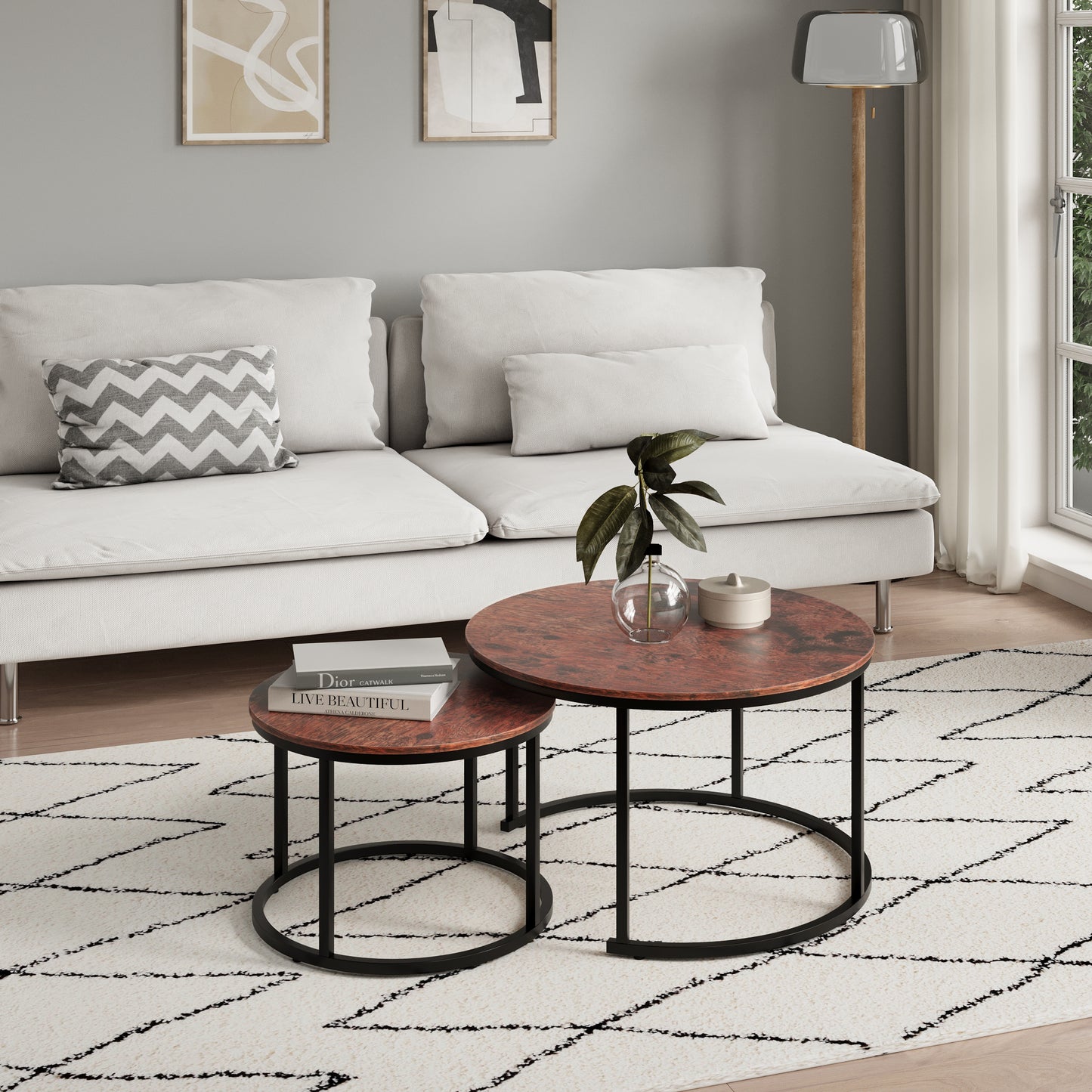 Couchtisch Groß 2er Set aus Holz, Wohnzimmertisch Modern, Beistelltisch Set 2 in 1 mit Metallgestell für Wohnzimmer Büro Beistelltisch Loft Design TWIN, kratzfeste Oberfläche