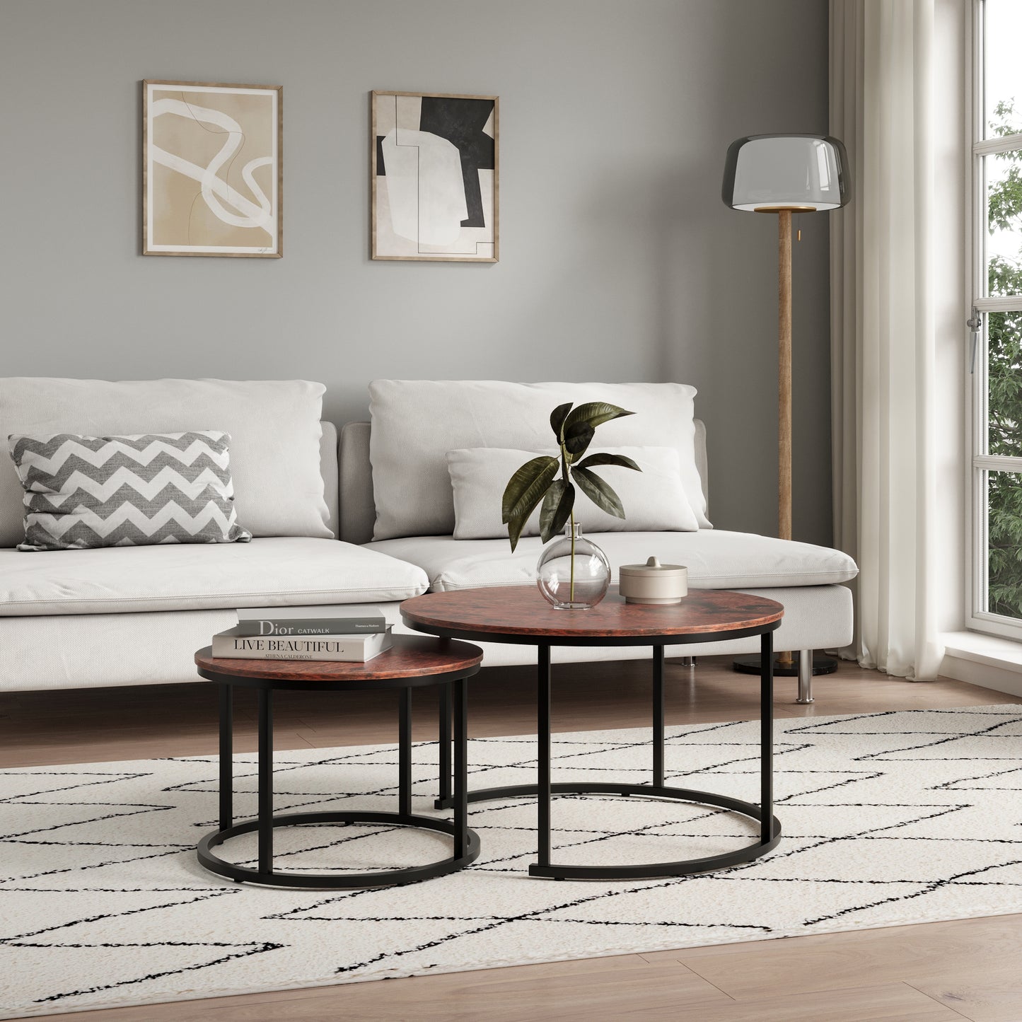 Couchtisch Groß 2er Set aus Holz, Wohnzimmertisch Modern, Beistelltisch Set 2 in 1 mit Metallgestell für Wohnzimmer Büro Beistelltisch Loft Design TWIN, kratzfeste Oberfläche
