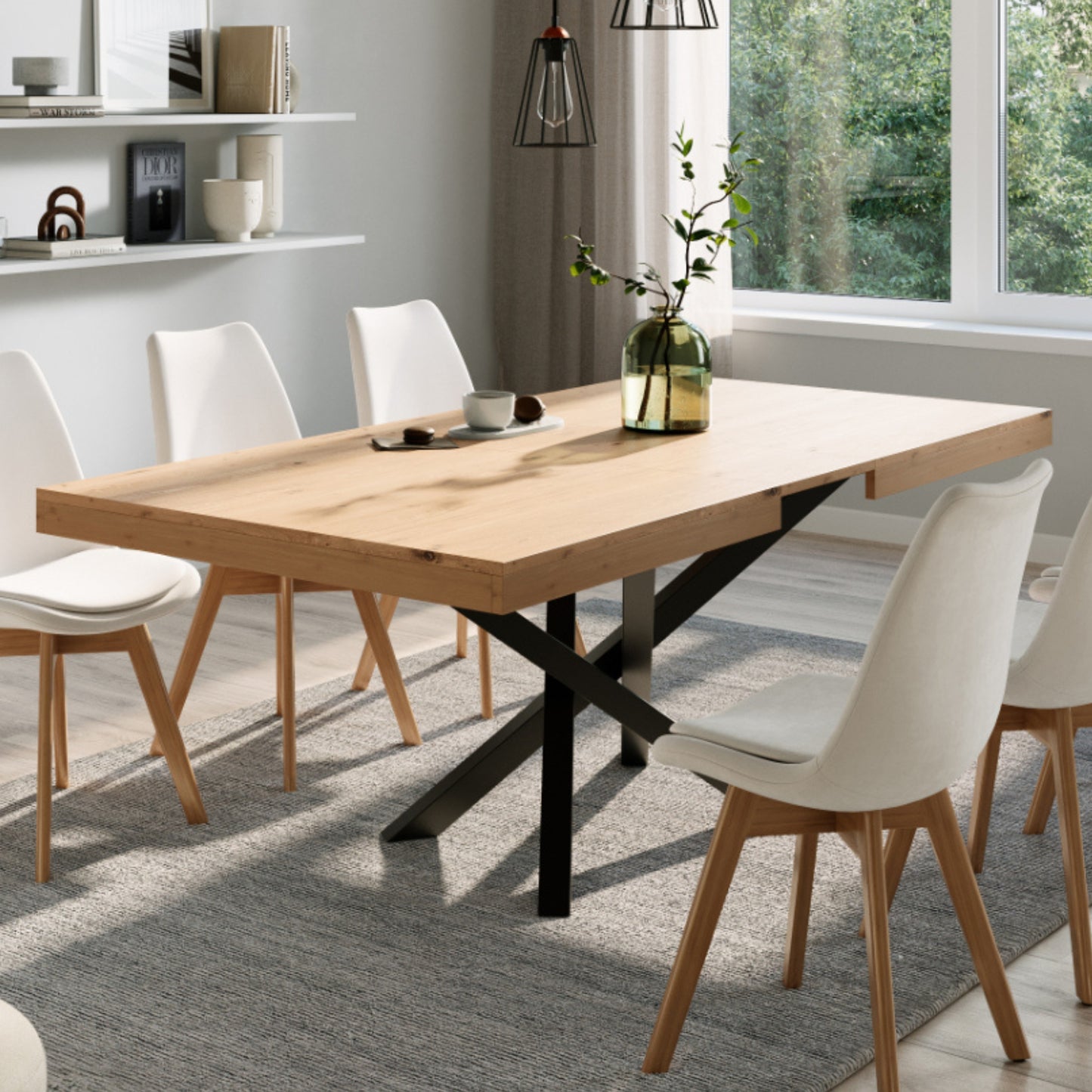 Esstisch ausziehbar | Verlängerbar von 140 cm auf 170 cm | Moderner Esszimmertisch mit gekreuzten Metallbeinen für 6 bis 8 Personen | Robuste Tischplatte | 140-170x90 cm (LxB) | Holzoptik