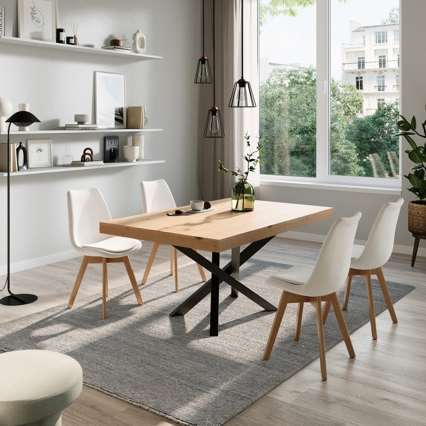 Esstisch ausziehbar | Verlängerbar von 140 cm auf 170 cm | Moderner Esszimmertisch mit gekreuzten Metallbeinen für 6 bis 8 Personen | Robuste Tischplatte | 140-170x90 cm (LxB) | Holzoptik