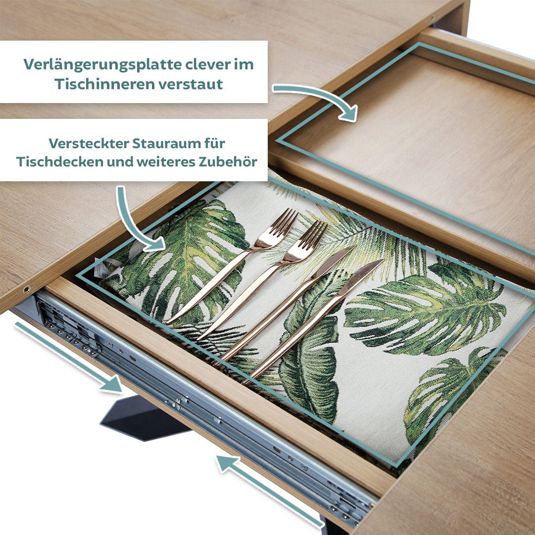Esstisch ausziehbar | Verlängerbar von 140 cm auf 170 cm | Moderner Esszimmertisch mit gekreuzten Metallbeinen für 6 bis 8 Personen | Robuste Tischplatte | 140-170x90 cm (LxB) | Holzoptik