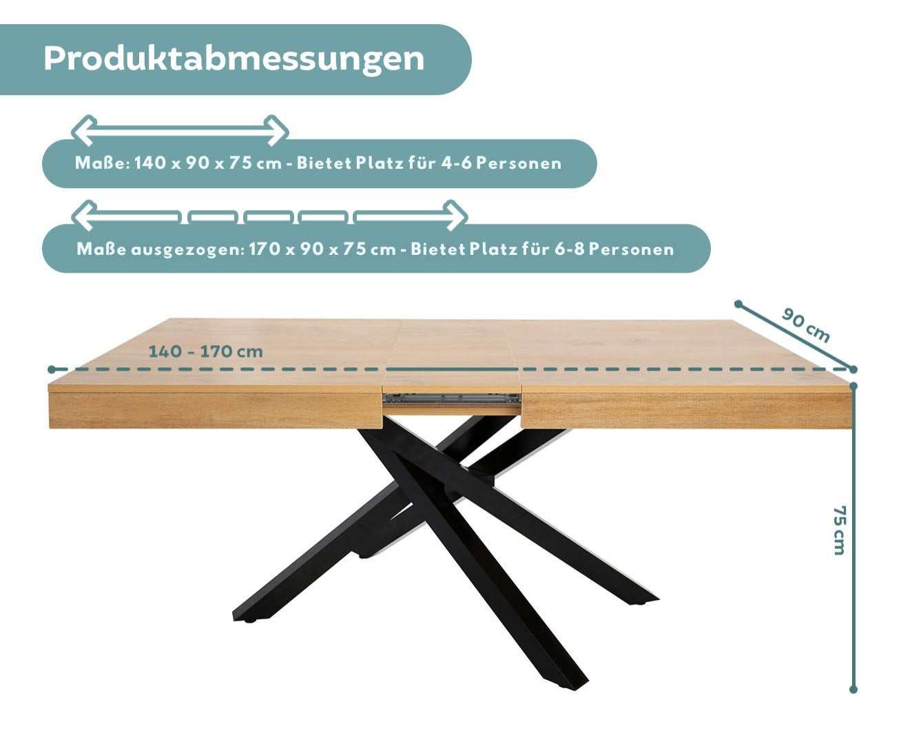Esstisch ausziehbar | Verlängerbar von 140 cm auf 170 cm | Moderner Esszimmertisch mit gekreuzten Metallbeinen für 6 bis 8 Personen | Robuste Tischplatte | 140-170x90 cm (LxB) | Holzoptik