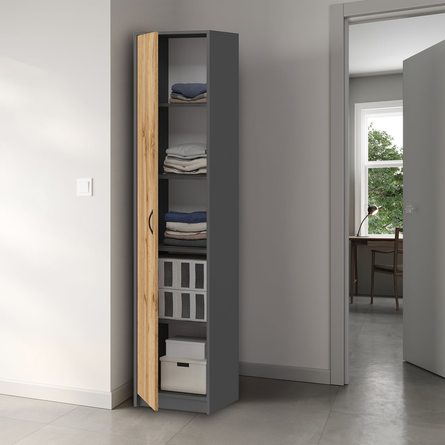 Schrank Mehrzweckschrank, 40cm Breite 180cm Höhe mit vier Einlegeböden schmaler Aktenschrank Organizer Kleiderschrank aus MDF Holz