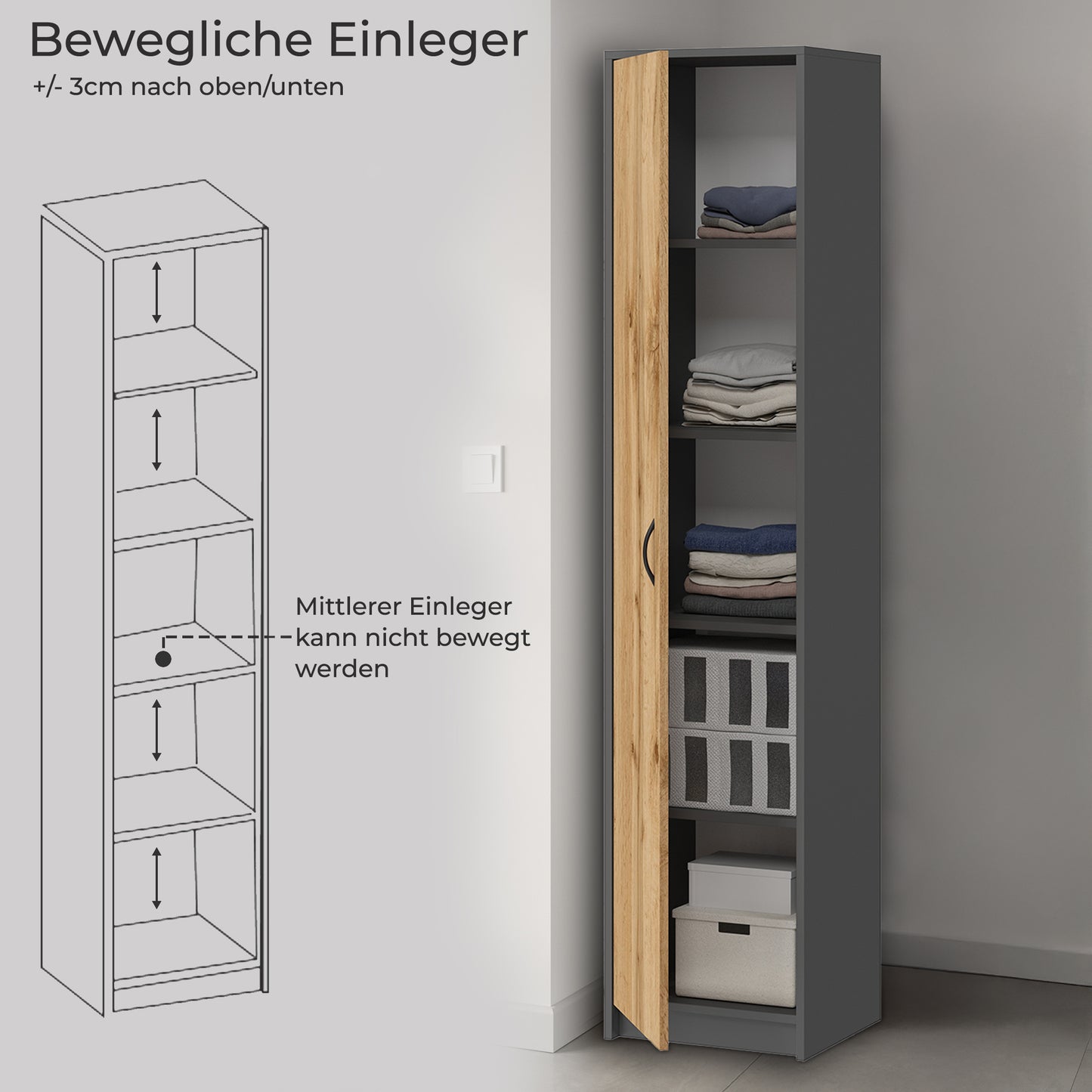Schrank Mehrzweckschrank, 40cm Breite 180cm Höhe mit vier Einlegeböden schmaler Aktenschrank Organizer Kleiderschrank aus MDF Holz