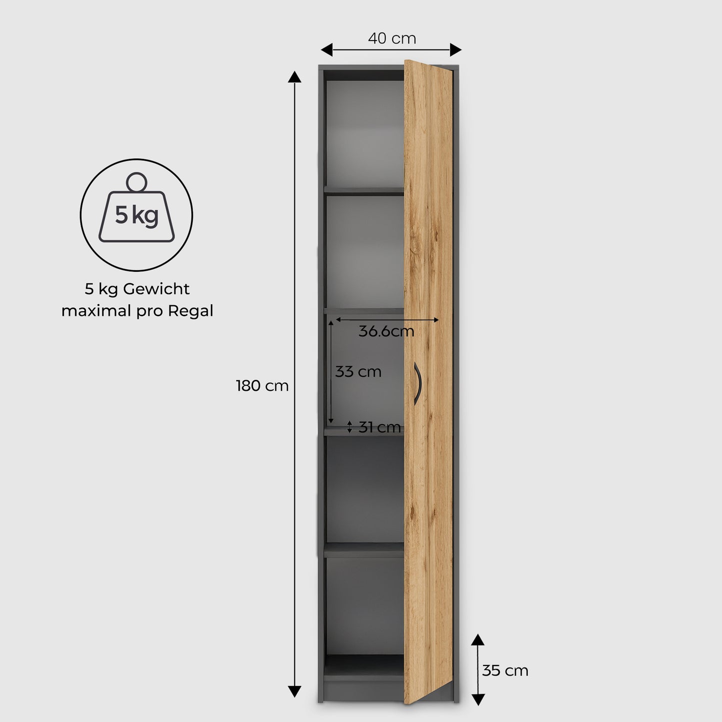 Schrank Mehrzweckschrank, 40cm Breite 180cm Höhe mit vier Einlegeböden schmaler Aktenschrank Organizer Kleiderschrank aus MDF Holz