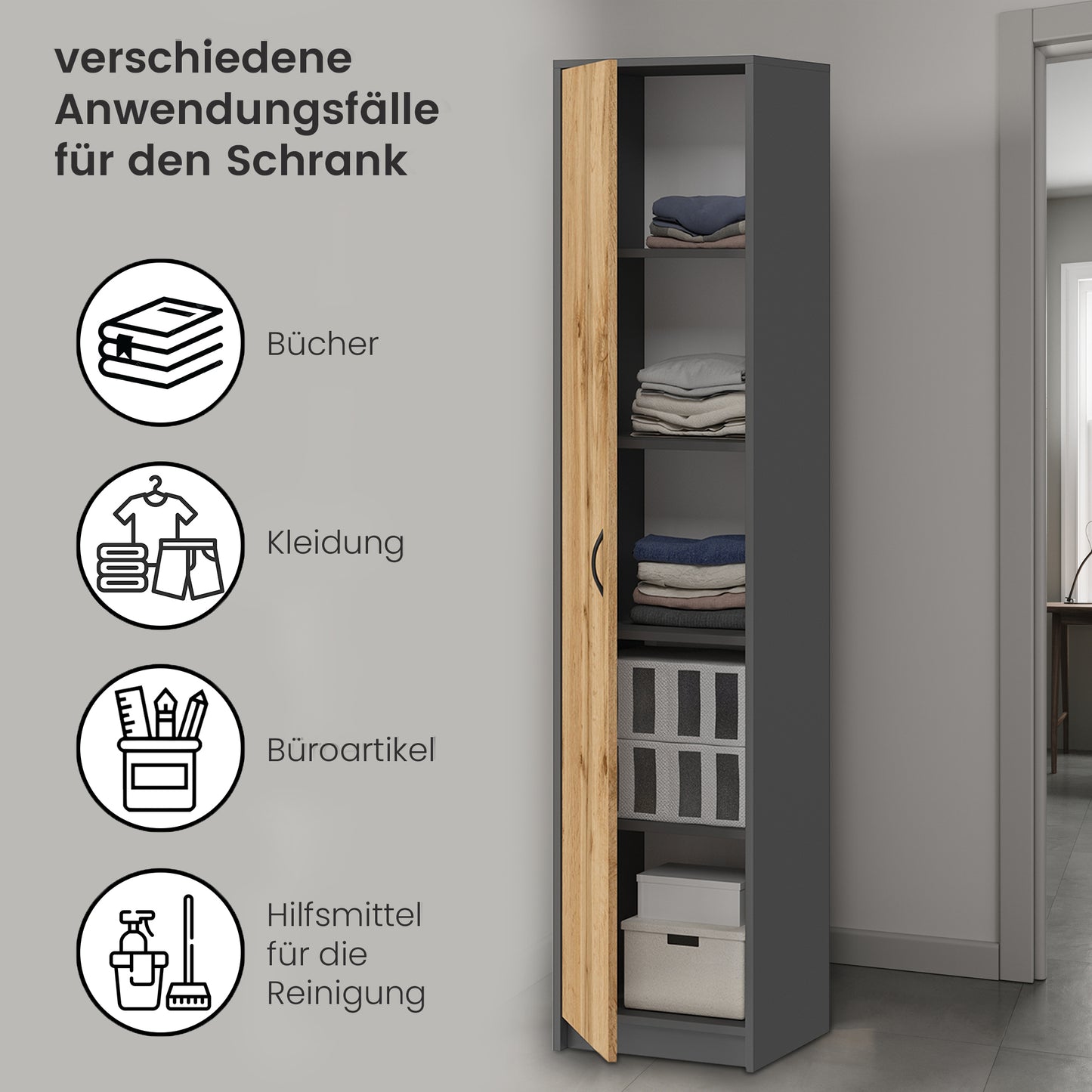 Schrank Mehrzweckschrank, 40cm Breite 180cm Höhe mit vier Einlegeböden schmaler Aktenschrank Organizer Kleiderschrank aus MDF Holz