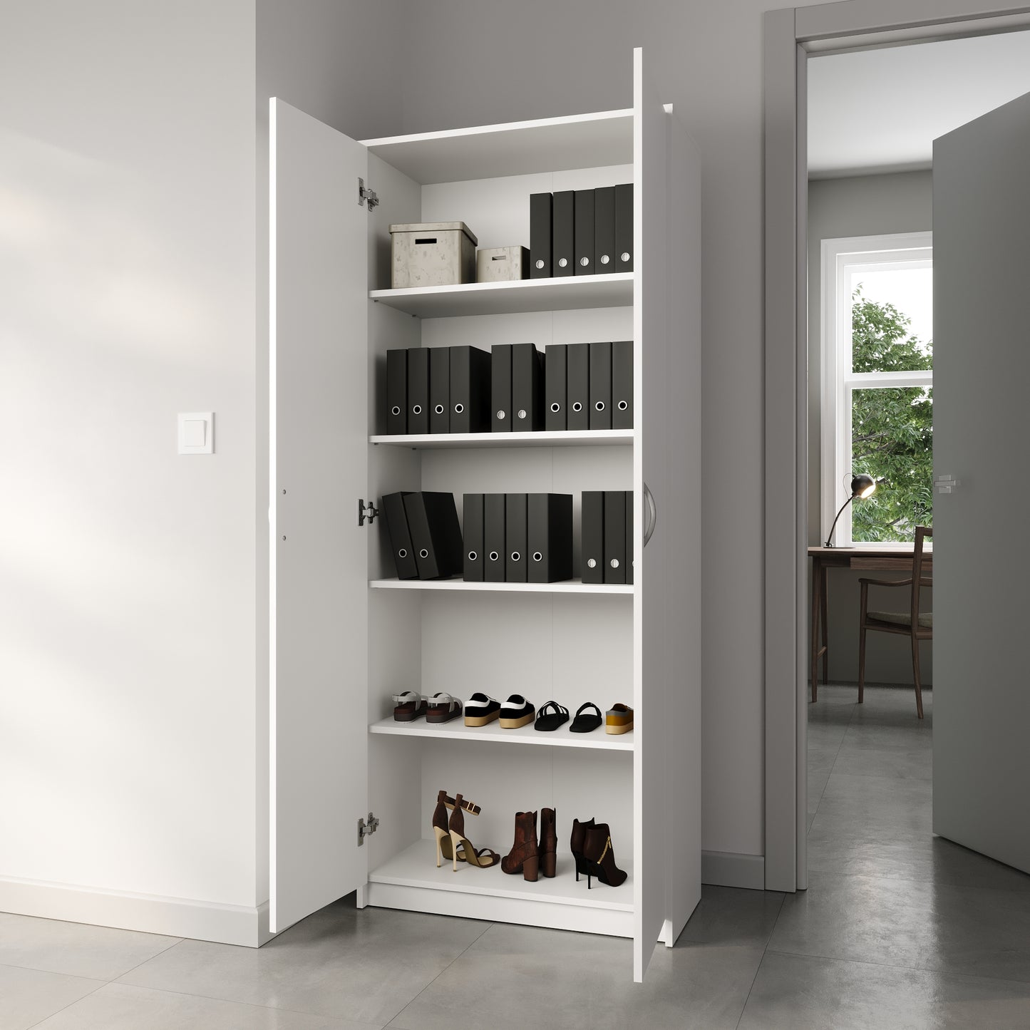 Schrank Mehrzweckschrank Aktenschrank Hochschrank mit 5 Fächern, 2 Türen, 74x35x180 cm, vielseitig einsetzbar für Büro, Flur, Küche, Hauswirtschaftsraum, stabil & pflegeleicht