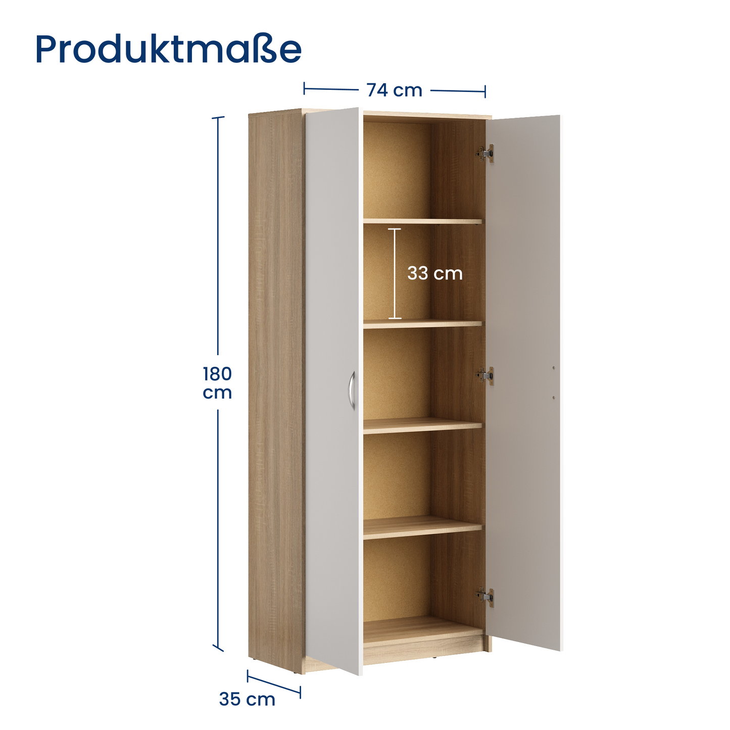 Schrank Mehrzweckschrank Aktenschrank Hochschrank mit 5 Fächern, 2 Türen, 74x35x180 cm, vielseitig einsetzbar für Büro, Flur, Küche, Hauswirtschaftsraum, stabil & pflegeleicht
