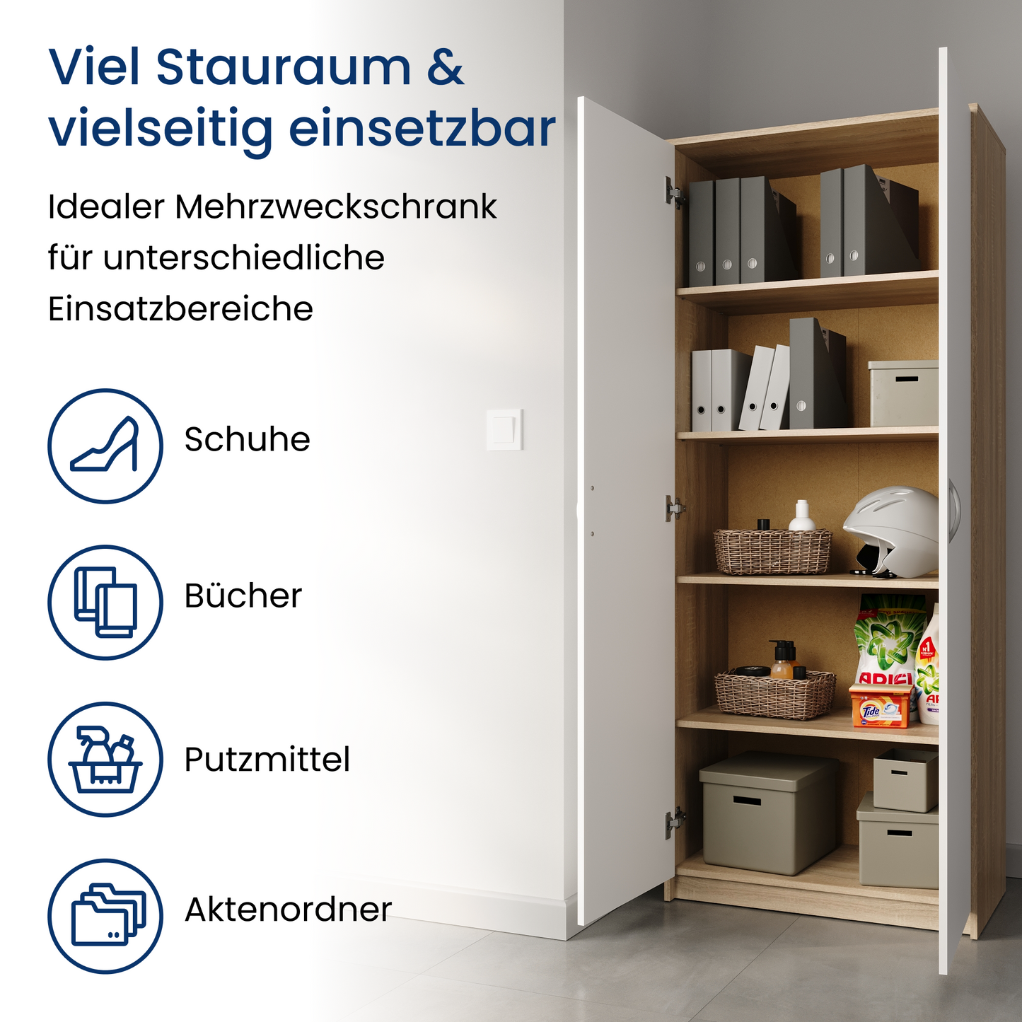 Schrank Mehrzweckschrank Aktenschrank Hochschrank mit 5 Fächern, 2 Türen, 74x35x180 cm, vielseitig einsetzbar für Büro, Flur, Küche, Hauswirtschaftsraum, stabil & pflegeleicht
