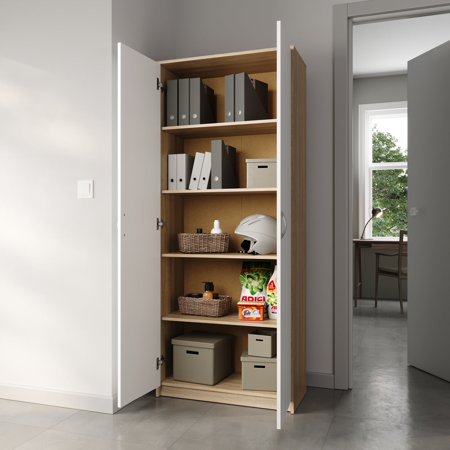 Schrank Mehrzweckschrank Aktenschrank Hochschrank mit 5 Fächern, 2 Türen, 74x35x180 cm, vielseitig einsetzbar für Büro, Flur, Küche, Hauswirtschaftsraum, stabil & pflegeleicht