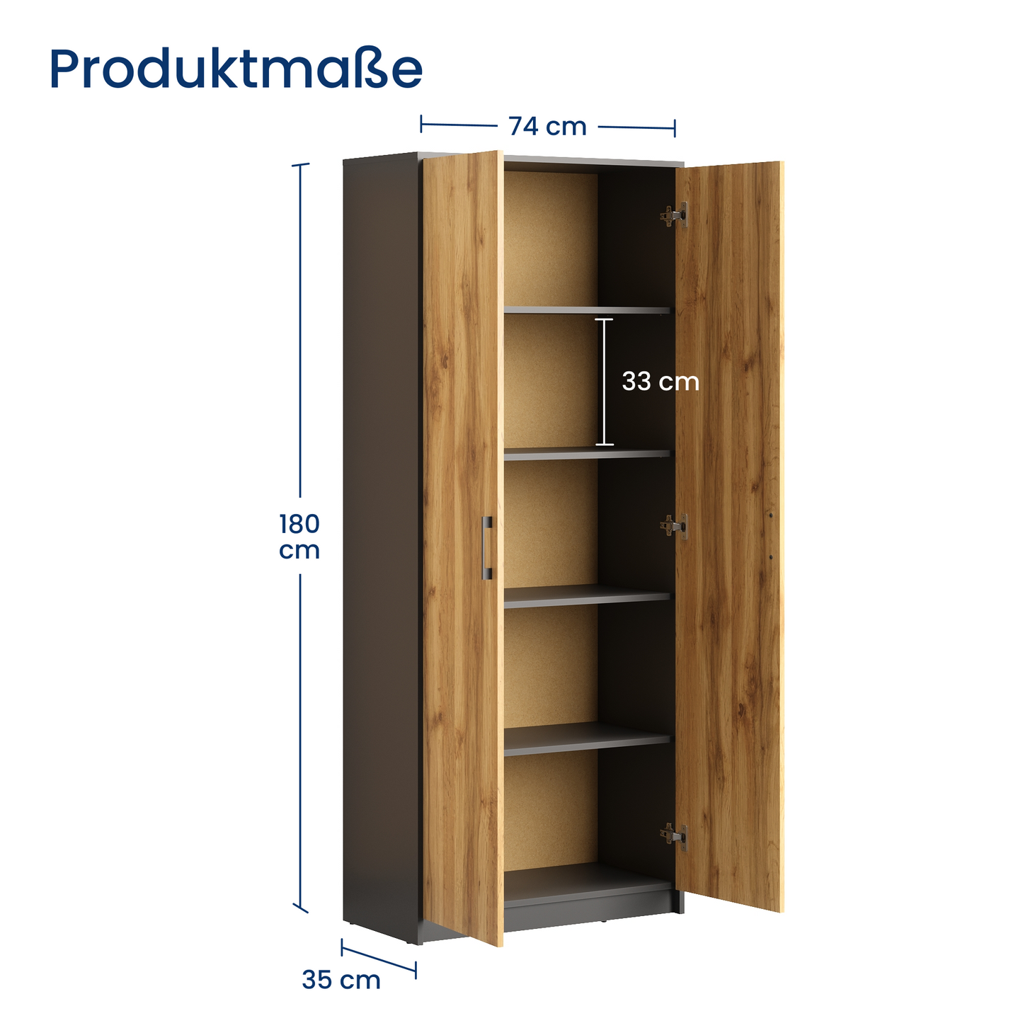 Schrank Mehrzweckschrank Aktenschrank Hochschrank mit 5 Fächern, 2 Türen, 74x35x180 cm, vielseitig einsetzbar für Büro, Flur, Küche, Hauswirtschaftsraum, stabil & pflegeleicht