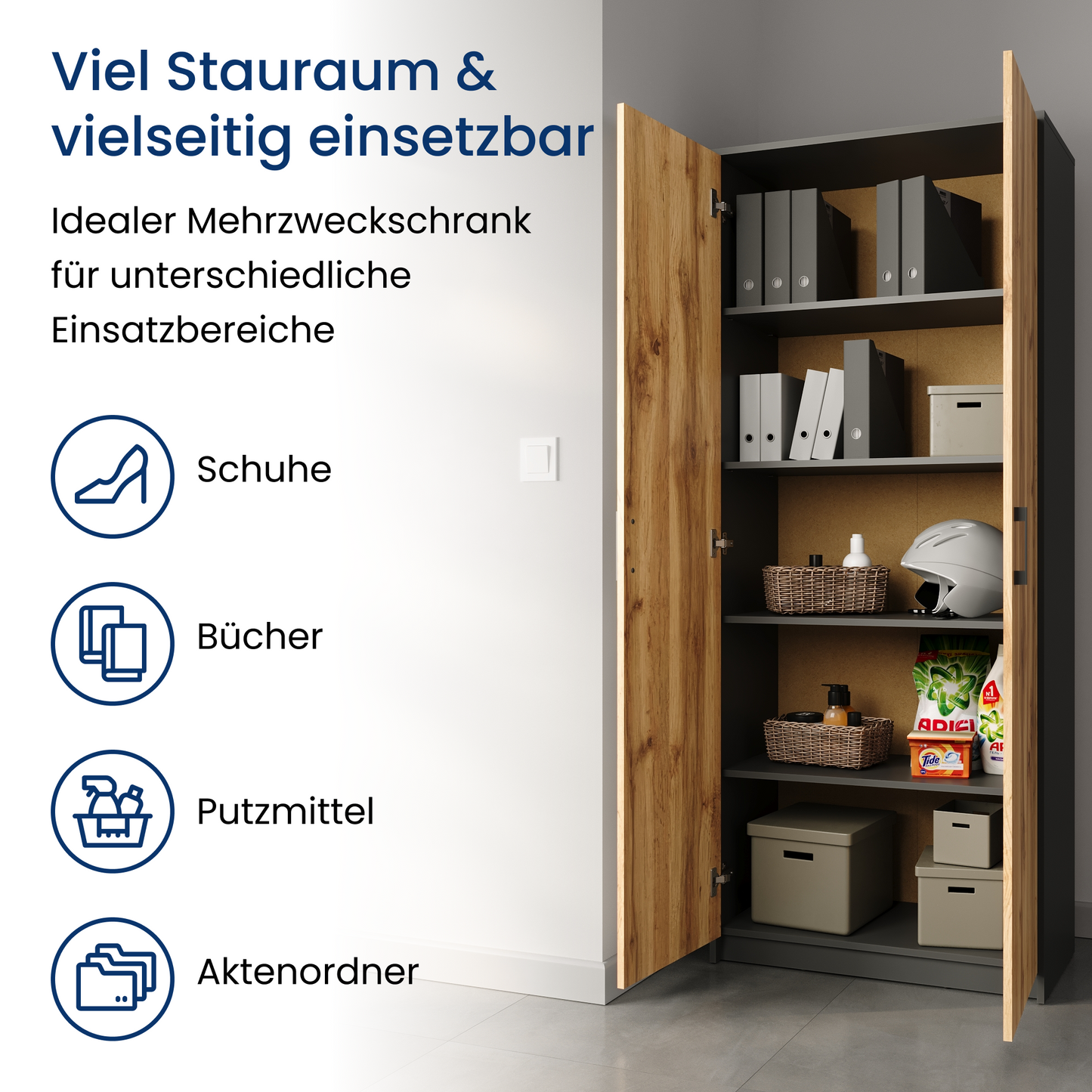Schrank Mehrzweckschrank Aktenschrank Hochschrank mit 5 Fächern, 2 Türen, 74x35x180 cm, vielseitig einsetzbar für Büro, Flur, Küche, Hauswirtschaftsraum, stabil & pflegeleicht