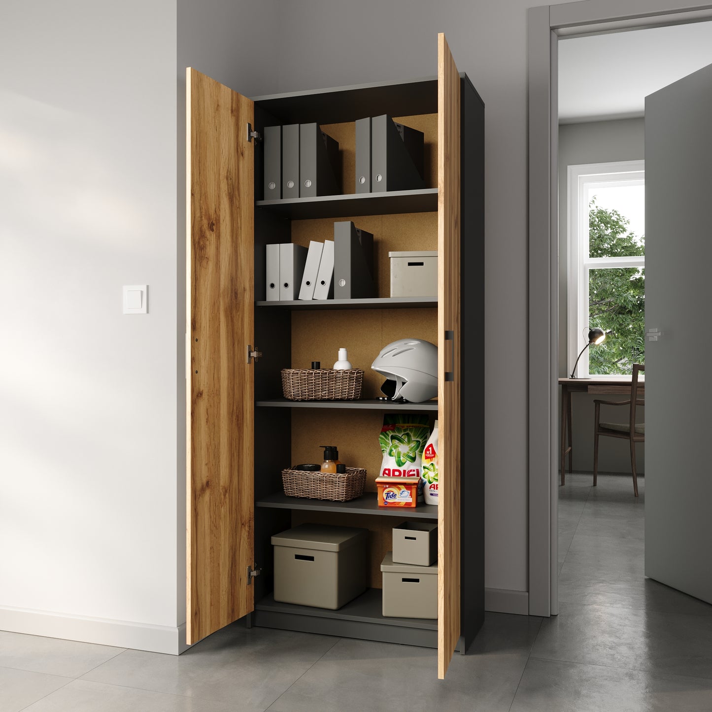 Schrank Mehrzweckschrank Aktenschrank Hochschrank mit 5 Fächern, 2 Türen, 74x35x180 cm, vielseitig einsetzbar für Büro, Flur, Küche, Hauswirtschaftsraum, stabil & pflegeleicht