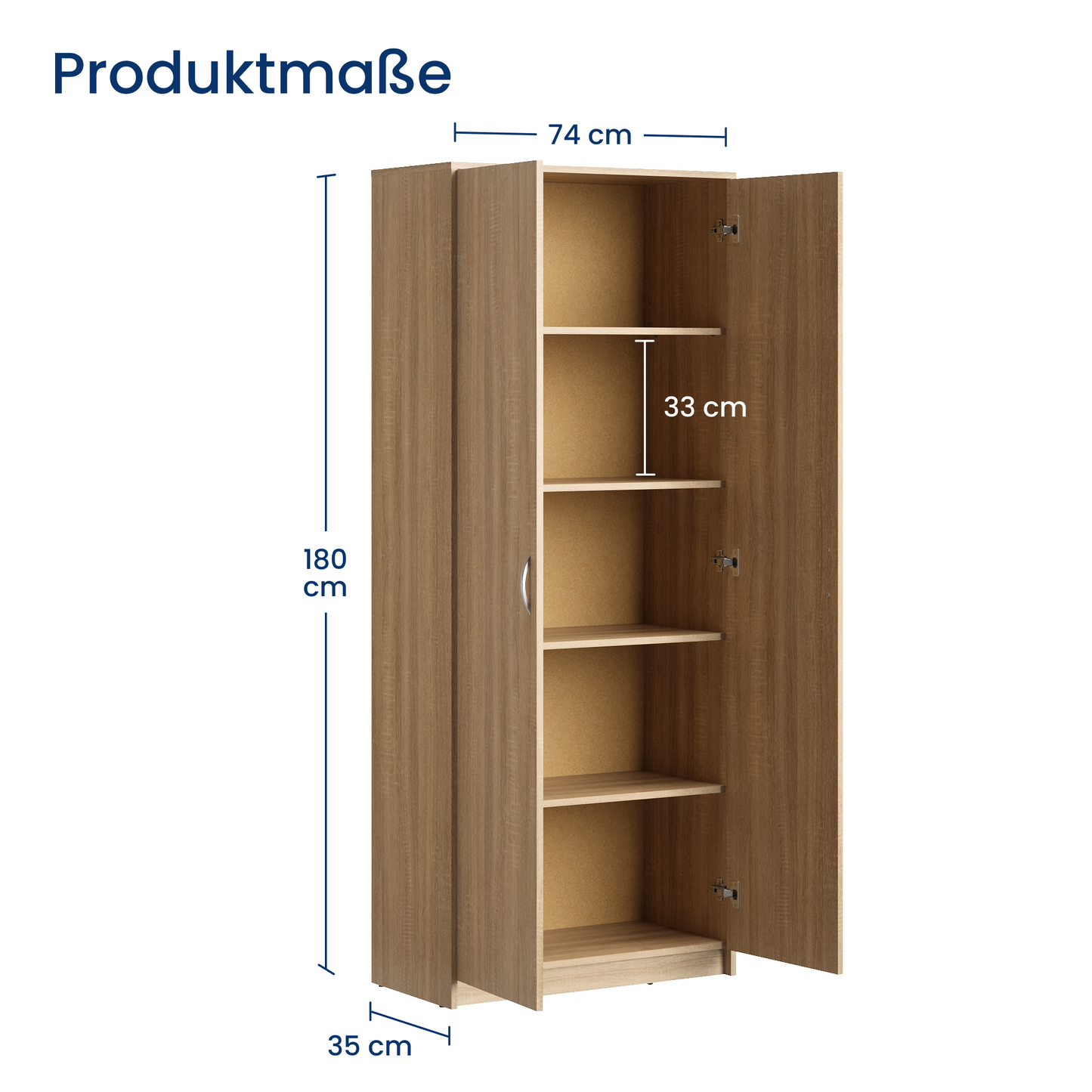 Schrank Mehrzweckschrank Aktenschrank Hochschrank mit 5 Fächern, 2 Türen, 74x35x180 cm, vielseitig einsetzbar für Büro, Flur, Küche, Hauswirtschaftsraum, stabil & pflegeleicht