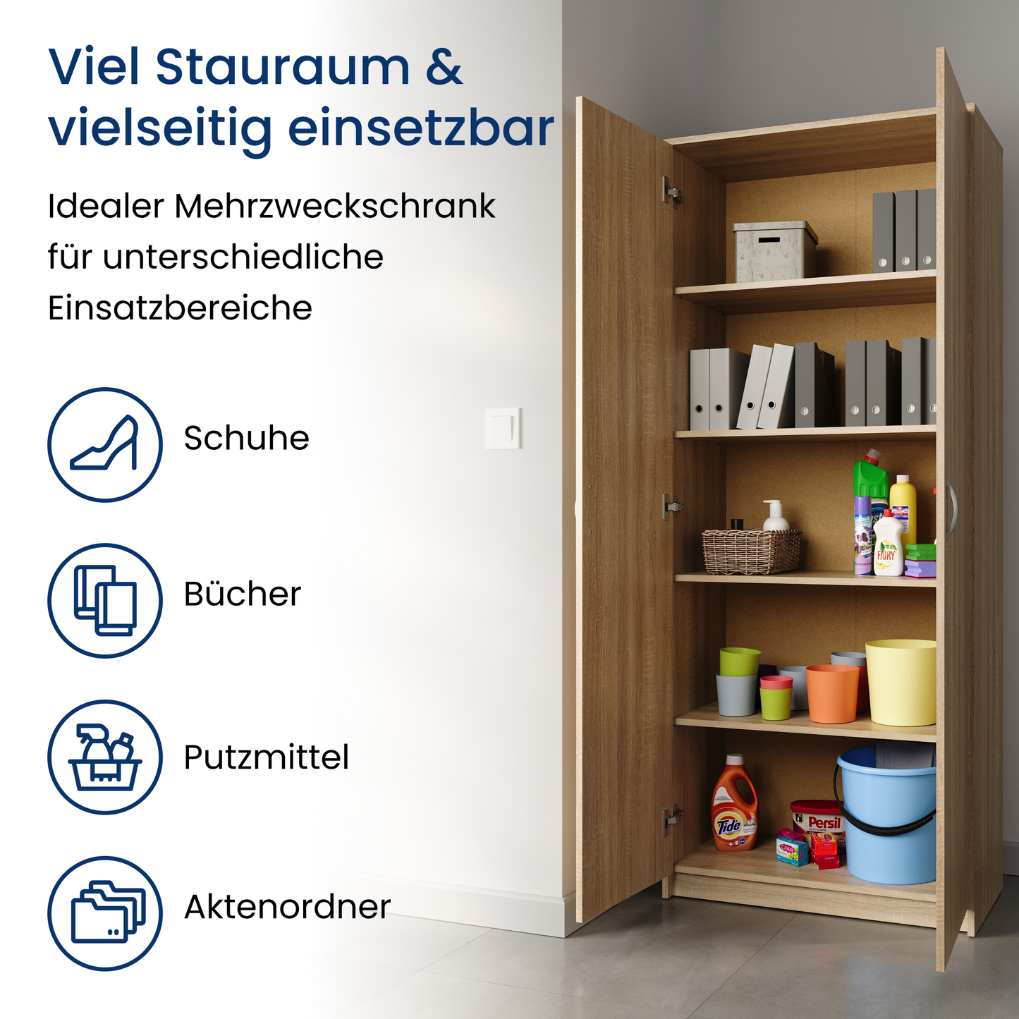 Schrank Mehrzweckschrank Aktenschrank Hochschrank mit 5 Fächern, 2 Türen, 74x35x180 cm, vielseitig einsetzbar für Büro, Flur, Küche, Hauswirtschaftsraum, stabil & pflegeleicht