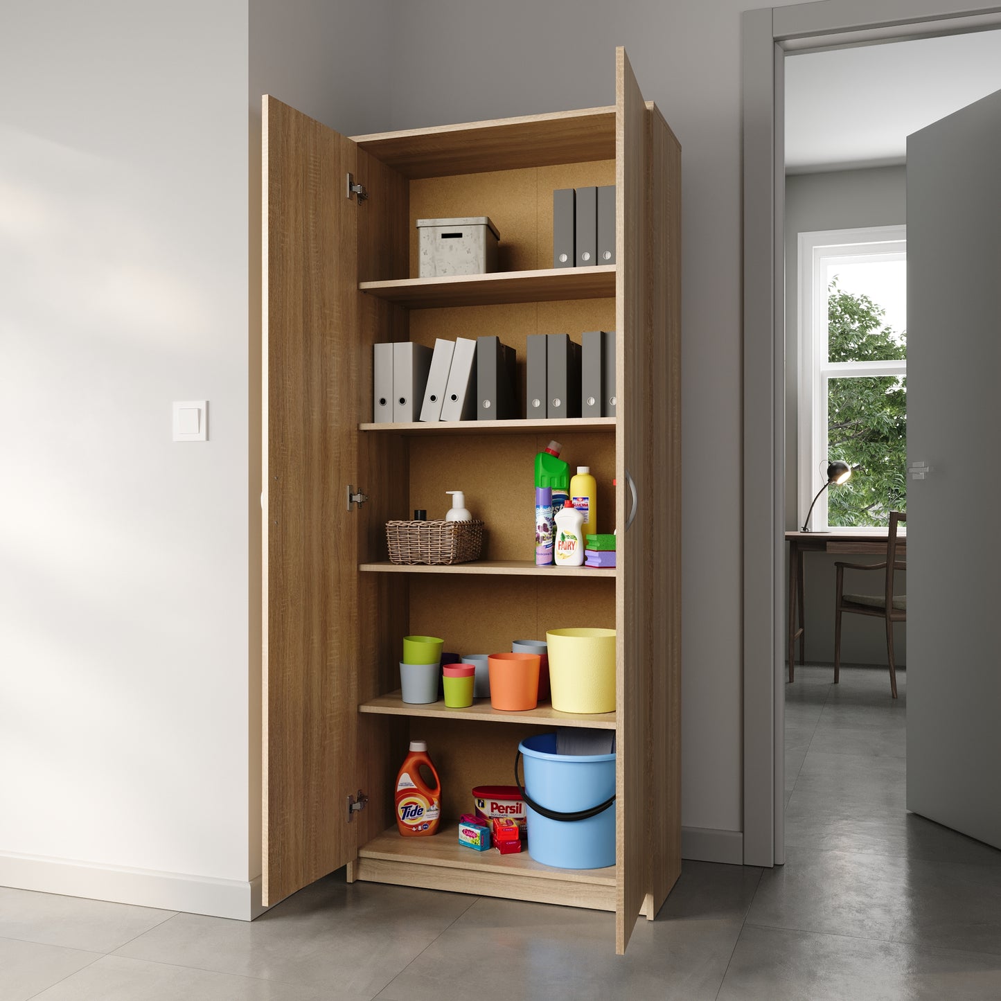 Schrank Mehrzweckschrank Aktenschrank Hochschrank mit 5 Fächern, 2 Türen, 74x35x180 cm, vielseitig einsetzbar für Büro, Flur, Küche, Hauswirtschaftsraum, stabil & pflegeleicht