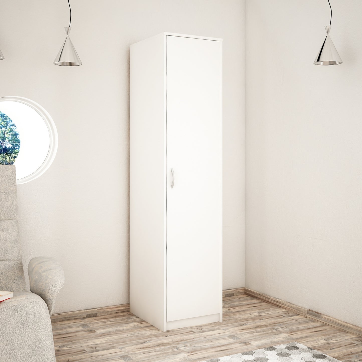 Kleiderschrank mit 1 Tür, 1 Kleiderstange und 2 Einlegeböden, Garderobenschrank 45 cm breit Schrank schmal matte Oberfläche, aus laminierter Platte, ideal für Schlafzimmer, Wohnzimmer, Flur