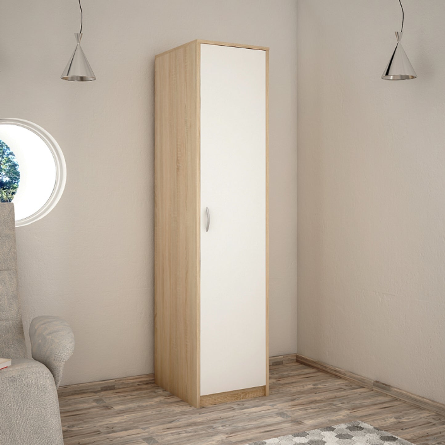 Kleiderschrank mit 1 Tür, 1 Kleiderstange und 2 Einlegeböden, Garderobenschrank 45 cm breit Schrank schmal matte Oberfläche, aus laminierter Platte, ideal für Schlafzimmer, Wohnzimmer, Flur