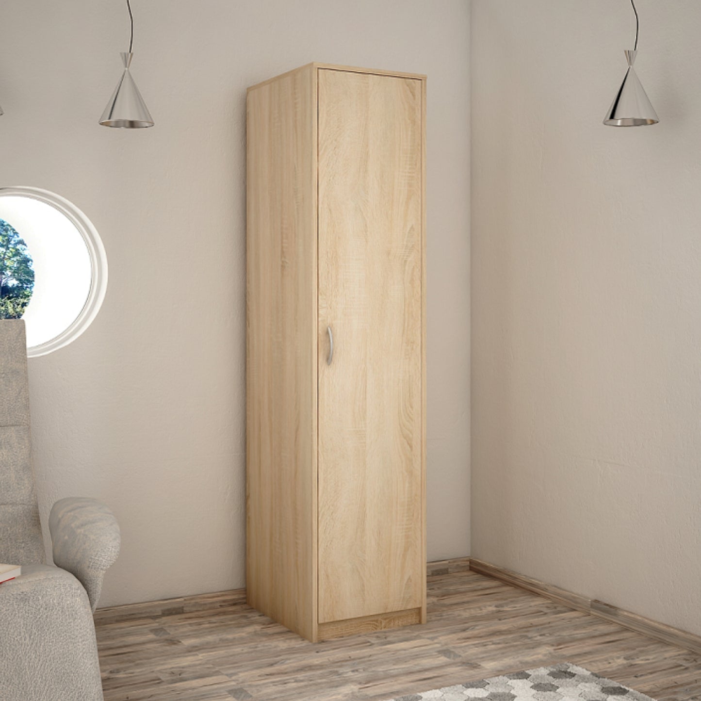 Kleiderschrank mit 1 Tür, 1 Kleiderstange und 2 Einlegeböden, Garderobenschrank 45 cm breit Schrank schmal matte Oberfläche, aus laminierter Platte, ideal für Schlafzimmer, Wohnzimmer, Flur