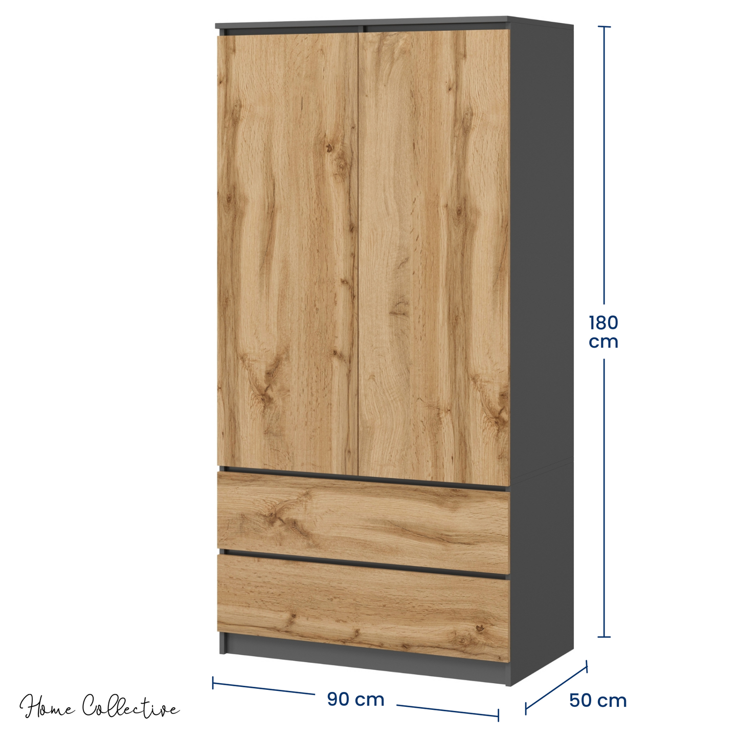 Home Collective Kleiderschrank Schrank Mehrzweckschrank Haushaltsschrank 90x50x180 cm (BxTxH) mit 2 Schubladen, 3 Einlegeböden & Kleiderstange – robust, platzsparend & vielseitig