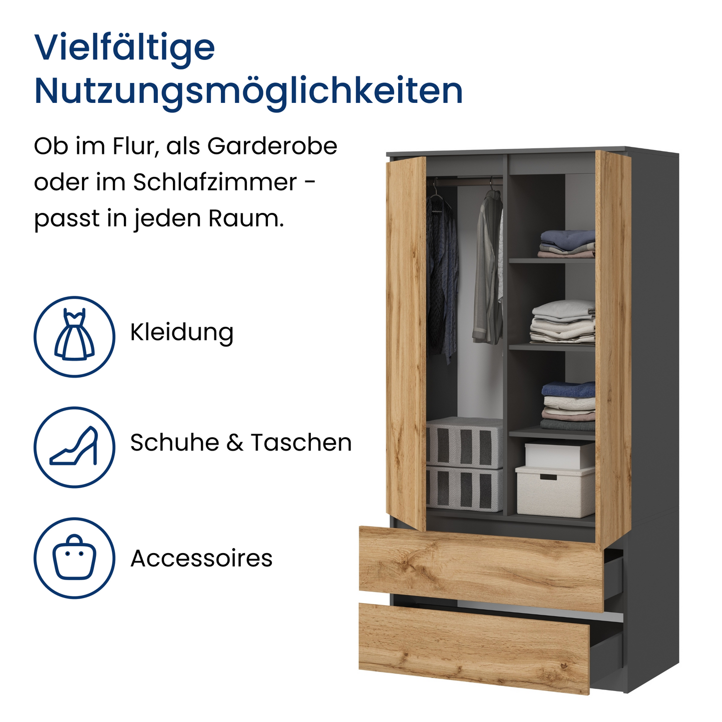 Home Collective Kleiderschrank Schrank Mehrzweckschrank Haushaltsschrank 90x50x180 cm (BxTxH) mit 2 Schubladen, 3 Einlegeböden & Kleiderstange – robust, platzsparend & vielseitig