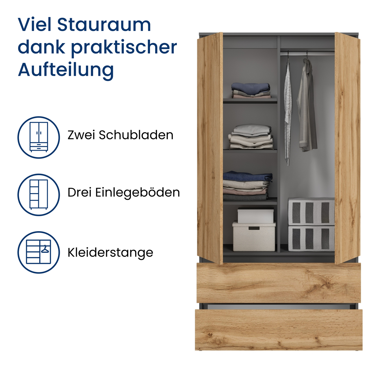 Home Collective Kleiderschrank Schrank Mehrzweckschrank Haushaltsschrank 90x50x180 cm (BxTxH) mit 2 Schubladen, 3 Einlegeböden & Kleiderstange – robust, platzsparend & vielseitig
