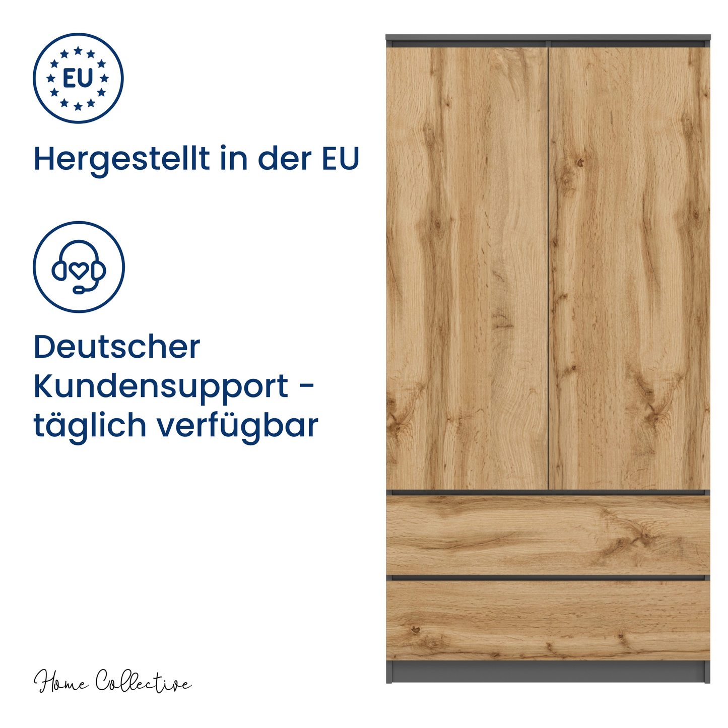 Home Collective Kleiderschrank Schrank Mehrzweckschrank Haushaltsschrank 90x50x180 cm (BxTxH) mit 2 Schubladen, 3 Einlegeböden & Kleiderstange – robust, platzsparend & vielseitig