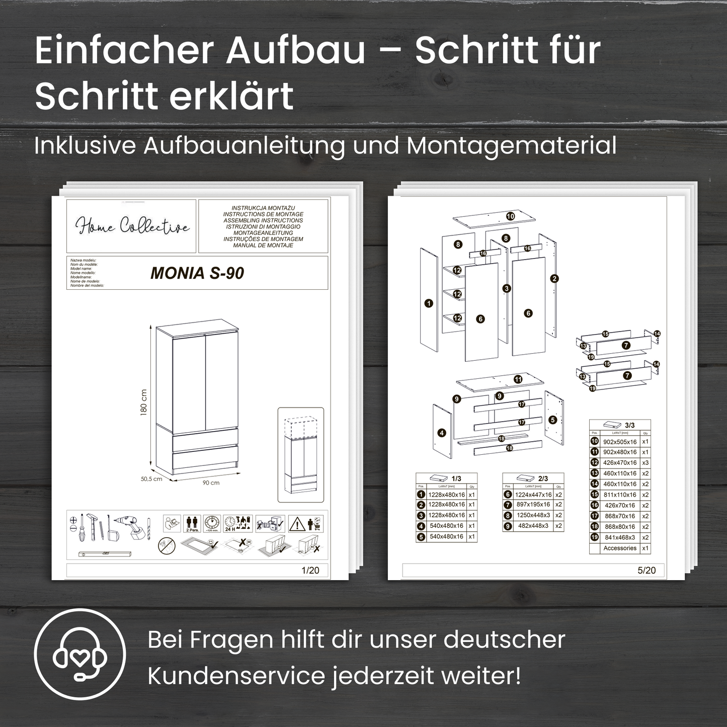 Home Collective Kleiderschrank Schrank Mehrzweckschrank Haushaltsschrank 90x50x180 cm (BxTxH) mit 2 Schubladen, 3 Einlegeböden & Kleiderstange – robust, platzsparend & vielseitig