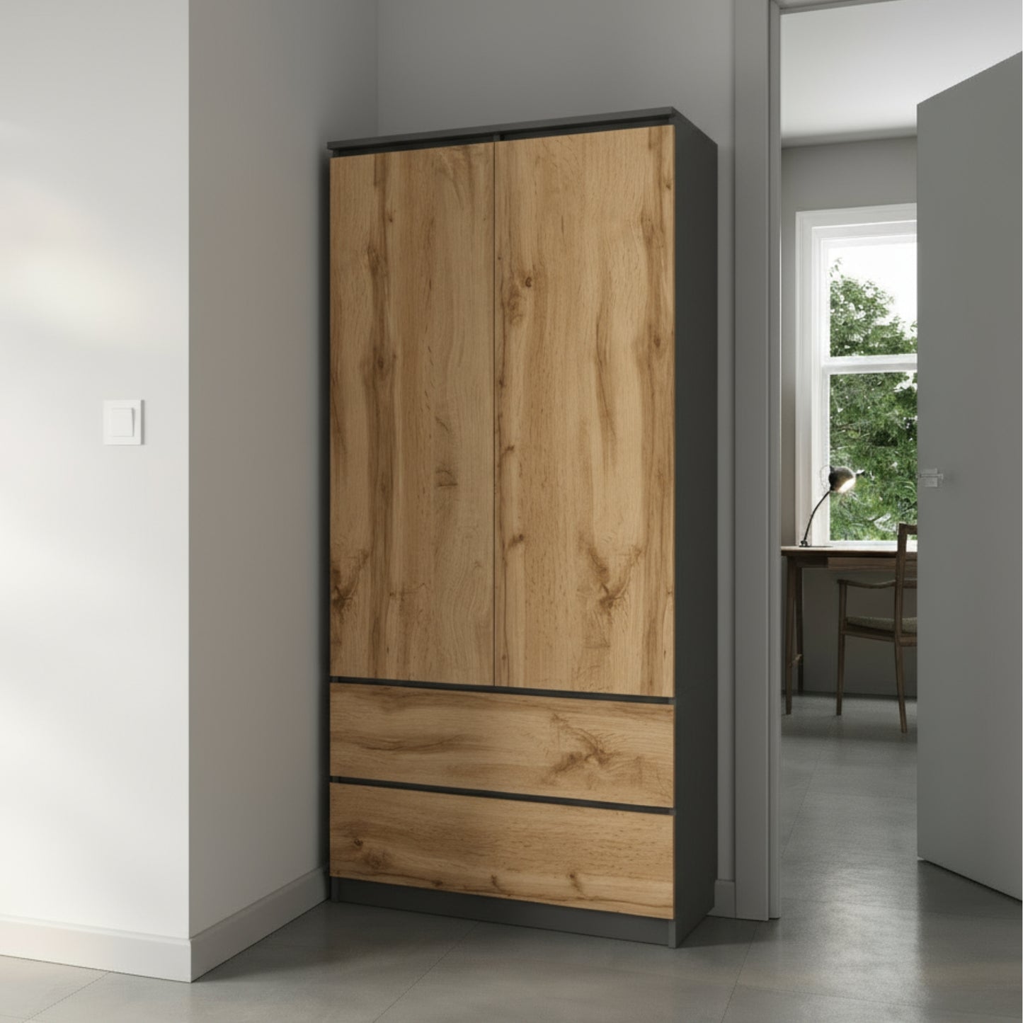 Home Collective Kleiderschrank Schrank Mehrzweckschrank Haushaltsschrank 90x50x180 cm (BxTxH) mit 2 Schubladen, 3 Einlegeböden & Kleiderstange – robust, platzsparend & vielseitig