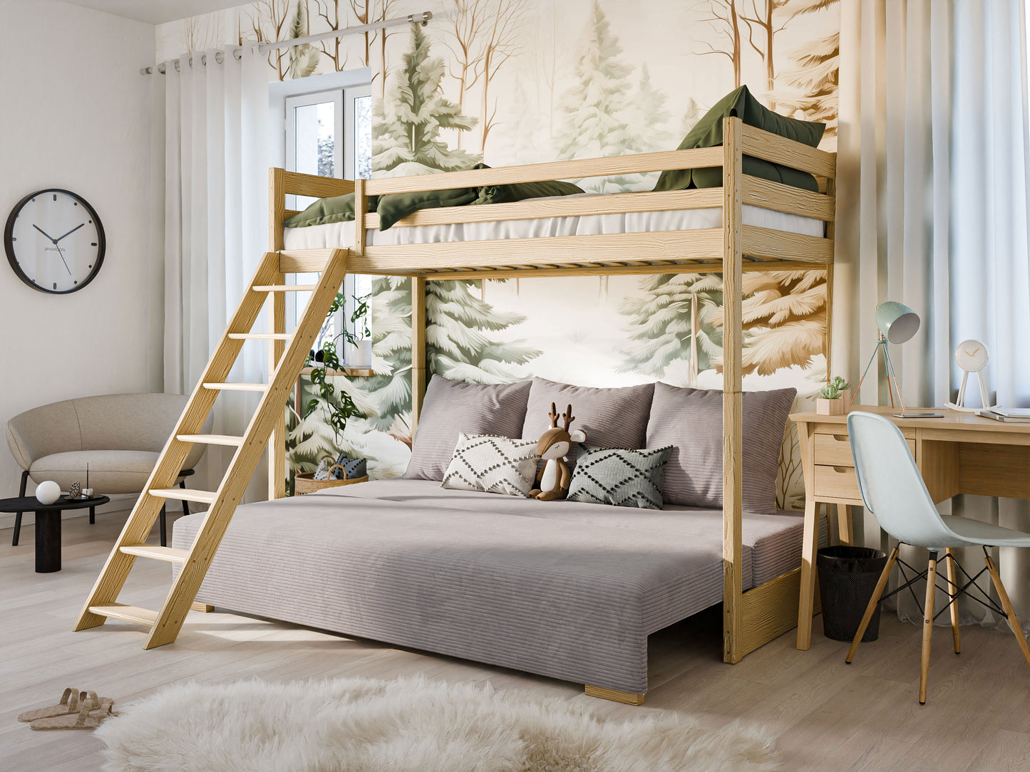 B-stock lit mezzanine 90x200 cm blanc avec canapé lit 140x200 cm canapé en tissu corde vert sauge-bleu OEKO-TEX 100 avec 3 oreillers, lit superposé lit superposé 200x90 avec échelle et canapé lit 200x140