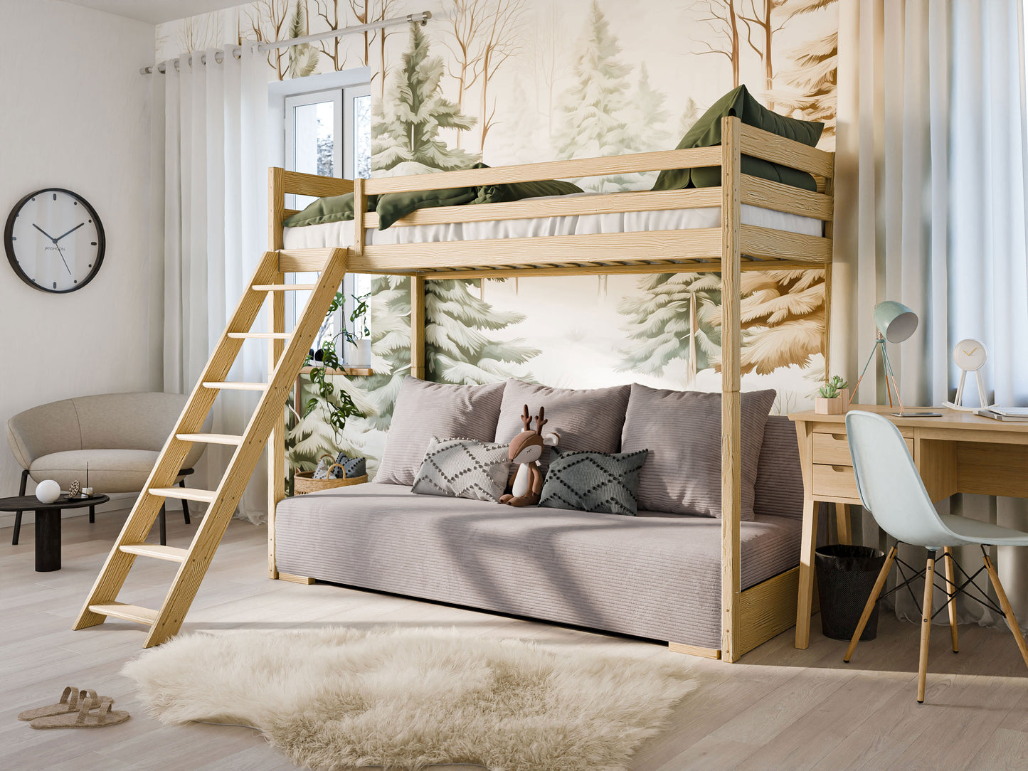 B-stock lit mezzanine 90x200 cm blanc avec canapé lit 140x200 cm canapé en tissu corde vert sauge-bleu OEKO-TEX 100 avec 3 oreillers, lit superposé lit superposé 200x90 avec échelle et canapé lit 200x140