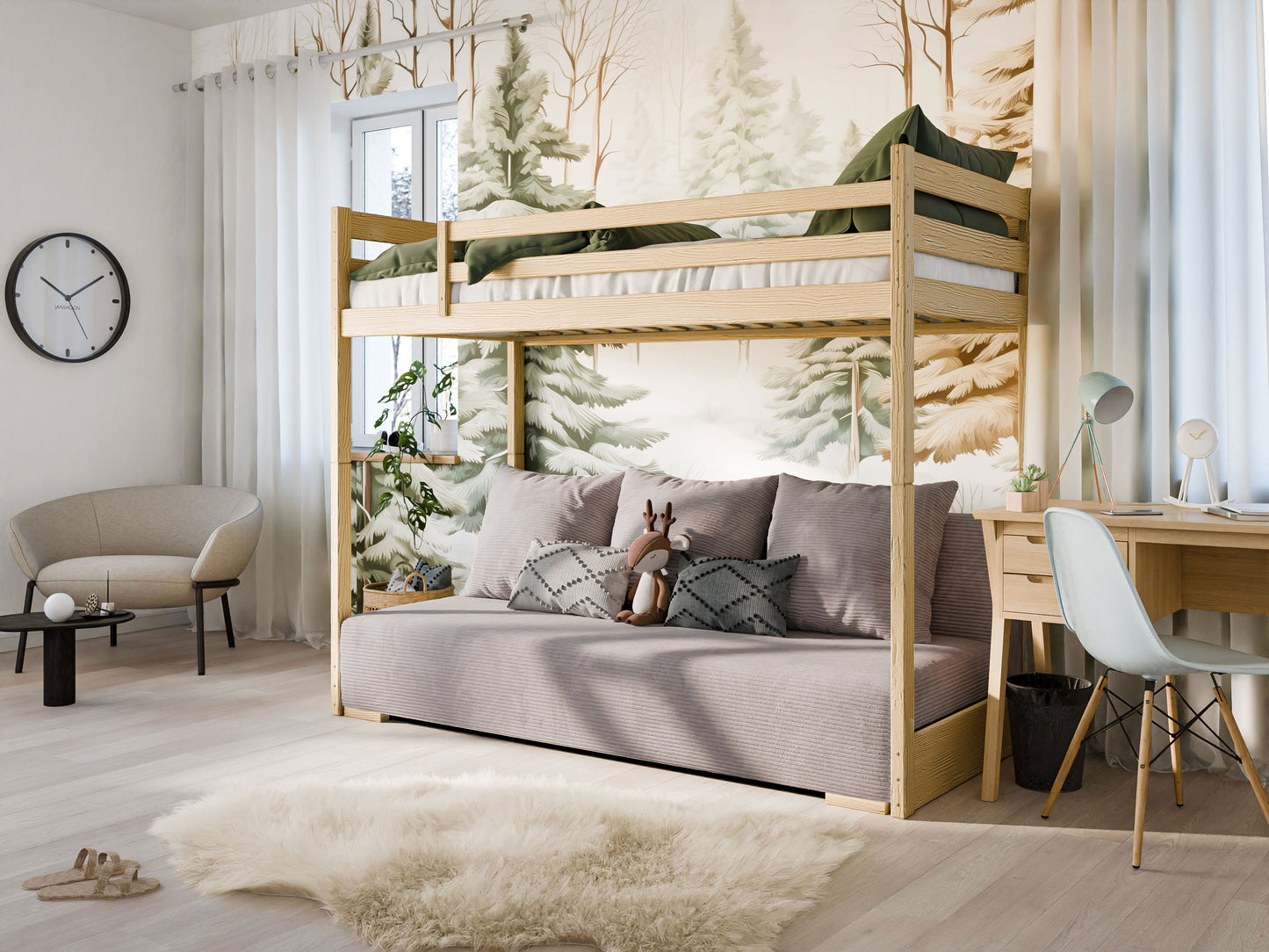 B-stock lit mezzanine 90x200 cm blanc avec canapé lit 140x200 cm canapé en tissu corde vert sauge-bleu OEKO-TEX 100 avec 3 oreillers, lit superposé lit superposé 200x90 avec échelle et canapé lit 200x140