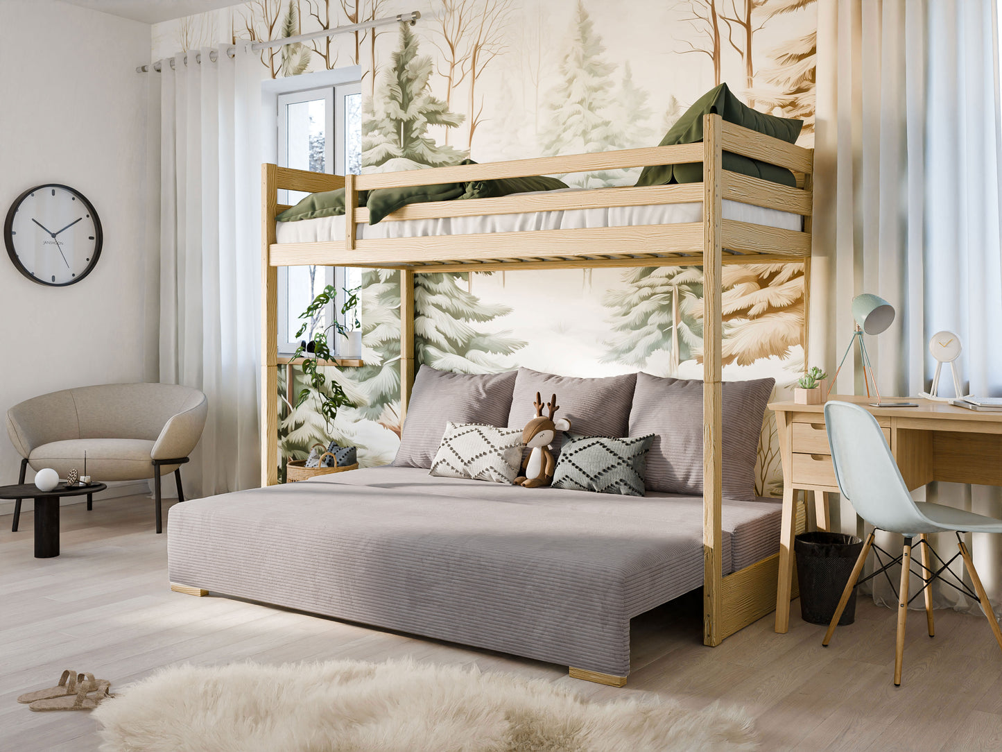 B-stock lit mezzanine 90x200 cm blanc avec canapé lit 140x200 cm canapé en tissu corde vert sauge-bleu OEKO-TEX 100 avec 3 oreillers, lit superposé lit superposé 200x90 avec échelle et canapé lit 200x140