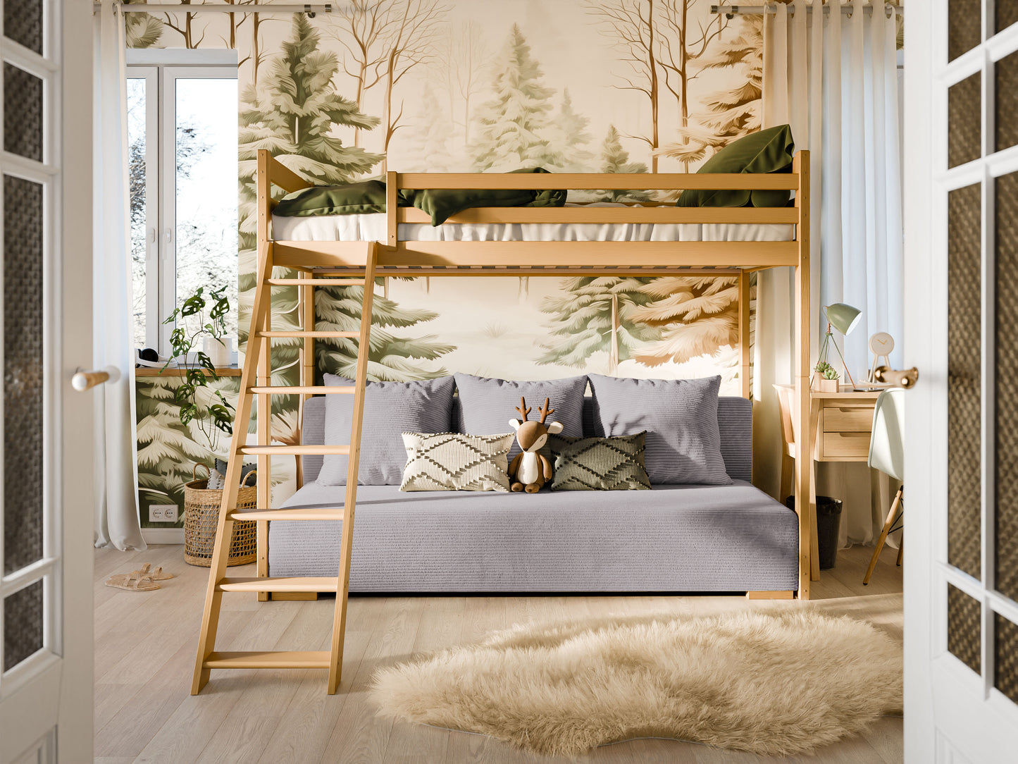 B-stock lit mezzanine 90x200 cm blanc avec canapé lit 140x200 cm canapé en tissu corde vert sauge-bleu OEKO-TEX 100 avec 3 oreillers, lit superposé lit superposé 200x90 avec échelle et canapé lit 200x140