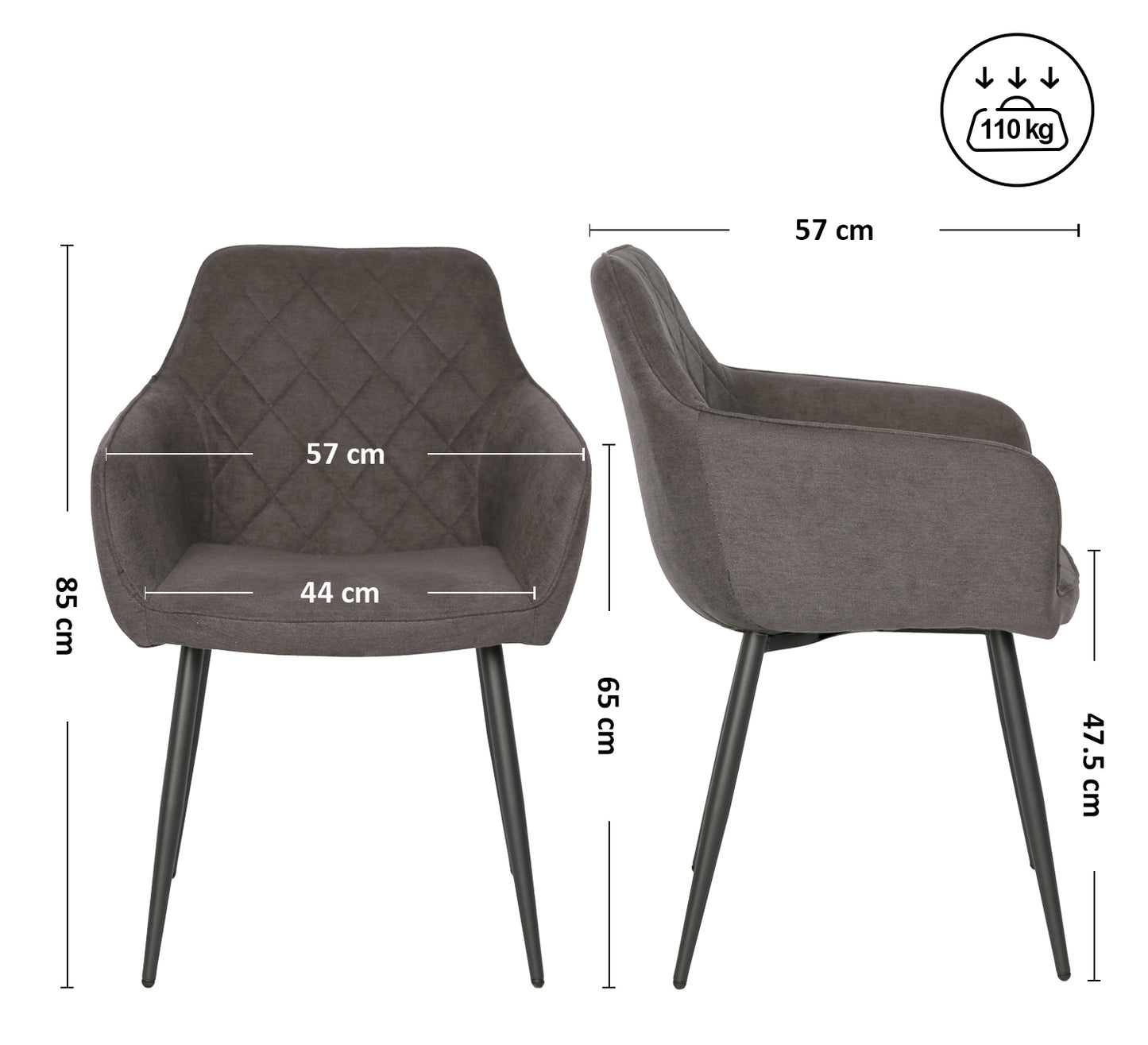 Esszimmerstuhl Küchenstuhl Bürostuhl Stuhl aus Stoff mit schwarzen Metallbeinen, bequem gepolstert, verstellbare Füße für optimalen Stand | 110 kg Belastbarkeit, 57 x 57 x 65 cm, 2er-Set