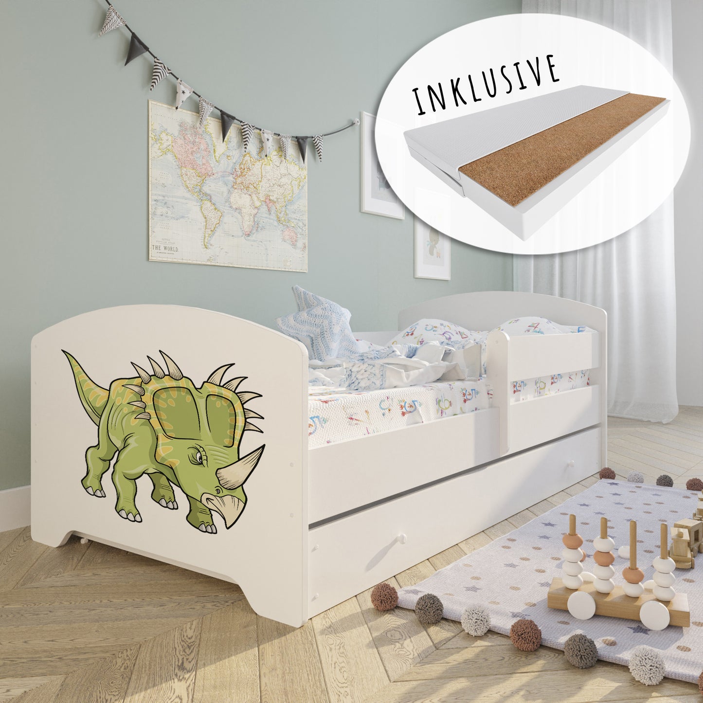 Kids Collective Kinderbett 70x140 / 80x160 Komplett Set inkl. Matratze, Lattenrost, Schublade & Rausfallschutz | Einzelbett für Kinder von 2 – 10 Jahren | weiß mit wählbarem Motiv
