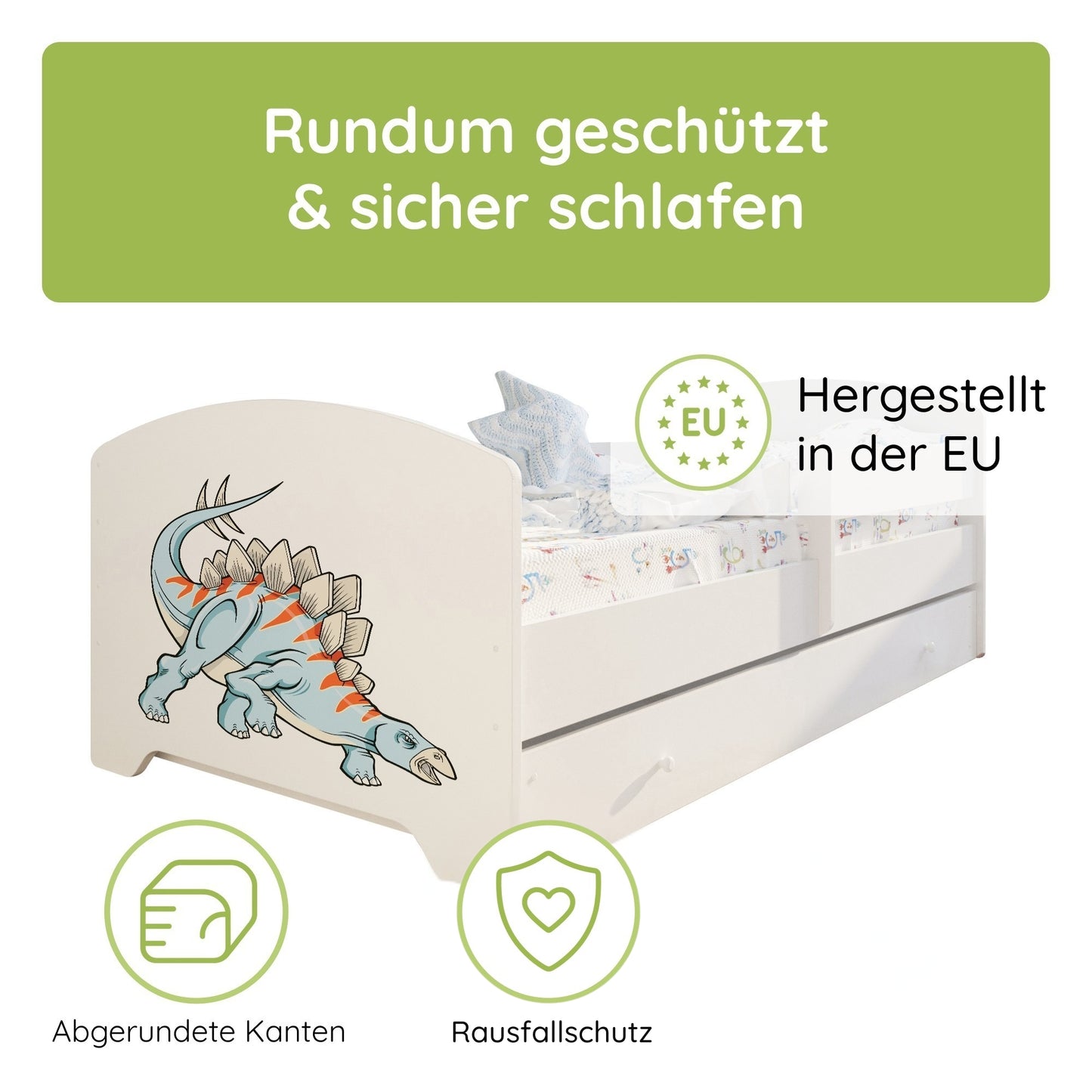 Kids Collective Kinderbett 70x140 / 80x160 Komplett Set inkl. Matratze, Lattenrost, Schublade & Rausfallschutz | Einzelbett für Kinder von 2 – 10 Jahren | weiß mit wählbarem Motiv