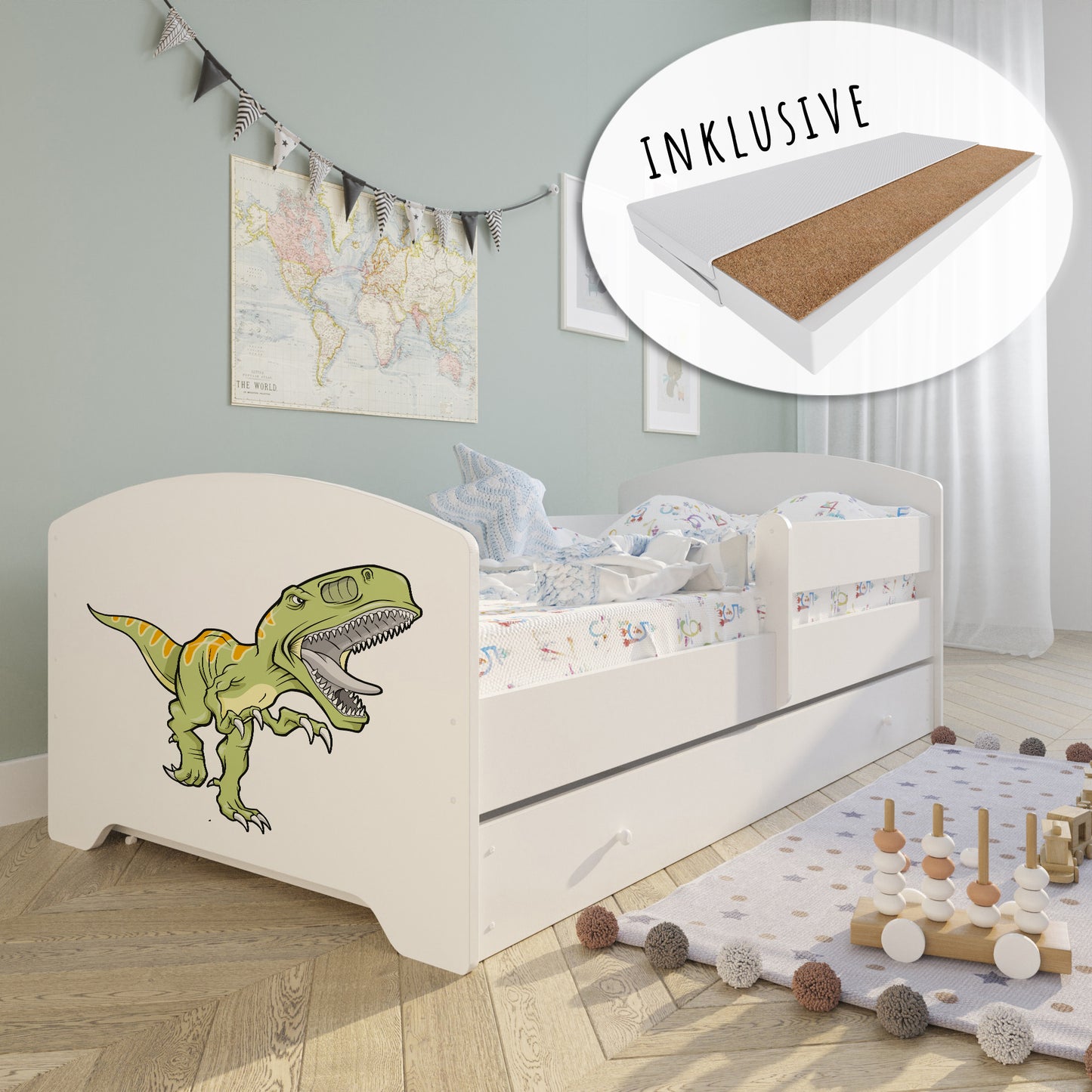 Kids Collective Kinderbett 70x140 / 80x160 Komplett Set inkl. Matratze, Lattenrost, Schublade & Rausfallschutz | Einzelbett für Kinder von 2 – 10 Jahren | weiß mit wählbarem Motiv