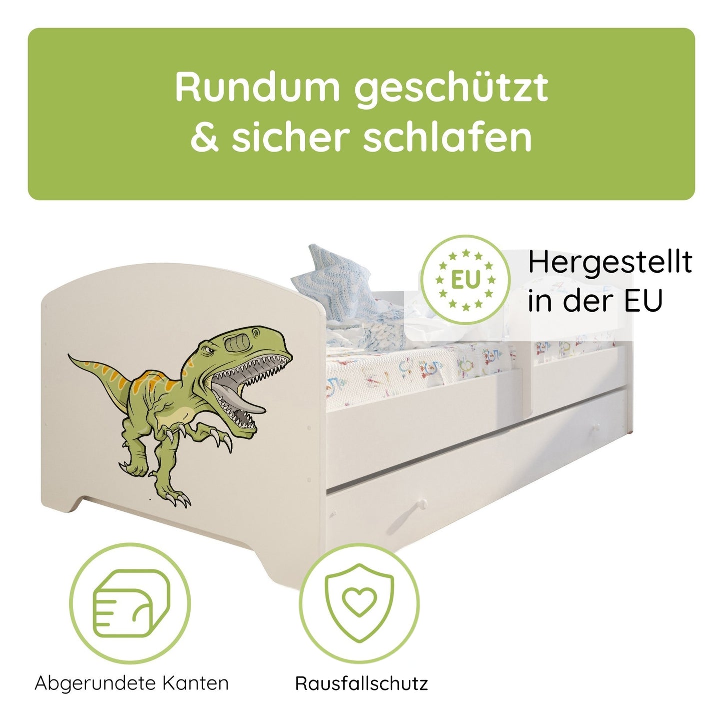 Kids Collective Kinderbett 70x140 / 80x160 Komplett Set inkl. Matratze, Lattenrost, Schublade & Rausfallschutz | Einzelbett für Kinder von 2 – 10 Jahren | weiß mit wählbarem Motiv