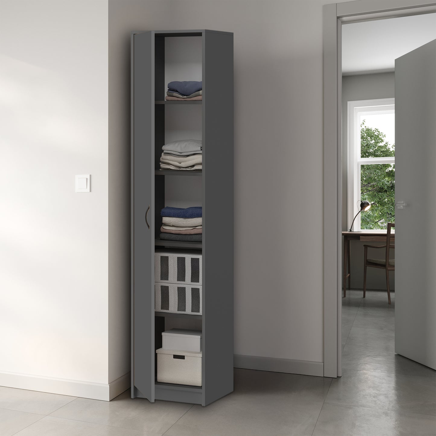 Schrank Mehrzweckschrank, 40cm Breite 180cm Höhe mit vier Einlegeböden schmaler Aktenschrank Organizer Kleiderschrank aus MDF Holz