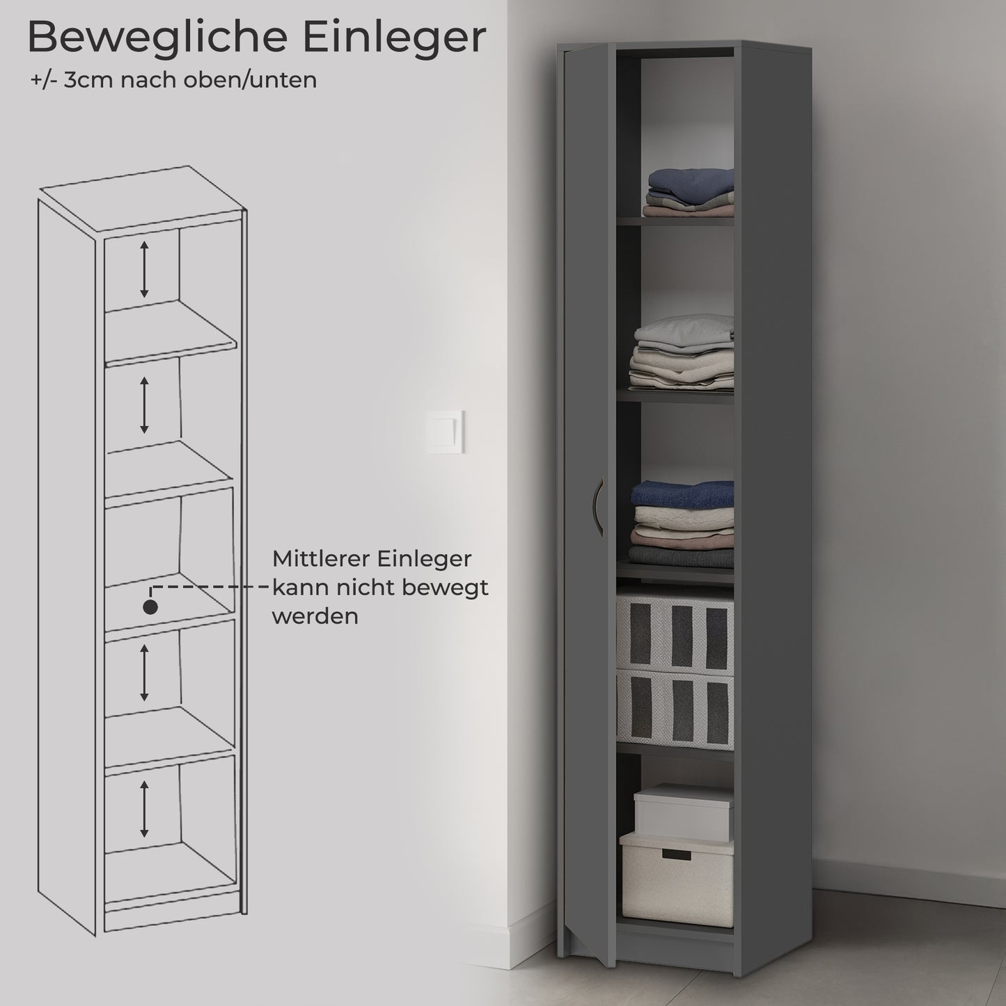 Schrank Mehrzweckschrank, 40cm Breite 180cm Höhe mit vier Einlegeböden schmaler Aktenschrank Organizer Kleiderschrank aus MDF Holz