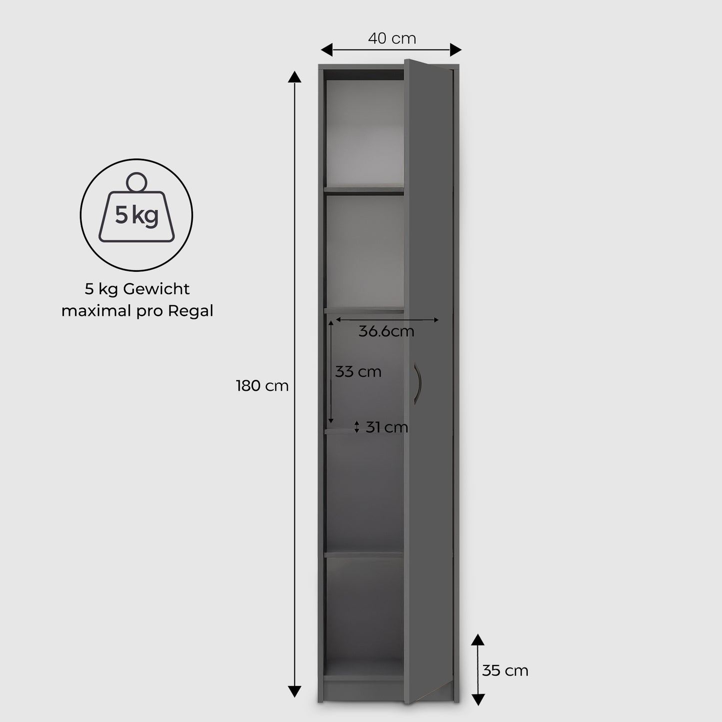 Schrank Mehrzweckschrank, 40cm Breite 180cm Höhe mit vier Einlegeböden schmaler Aktenschrank Organizer Kleiderschrank aus MDF Holz