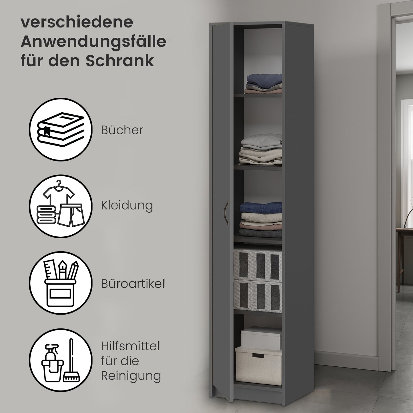 Schrank Mehrzweckschrank, 40cm Breite 180cm Höhe mit vier Einlegeböden schmaler Aktenschrank Organizer Kleiderschrank aus MDF Holz