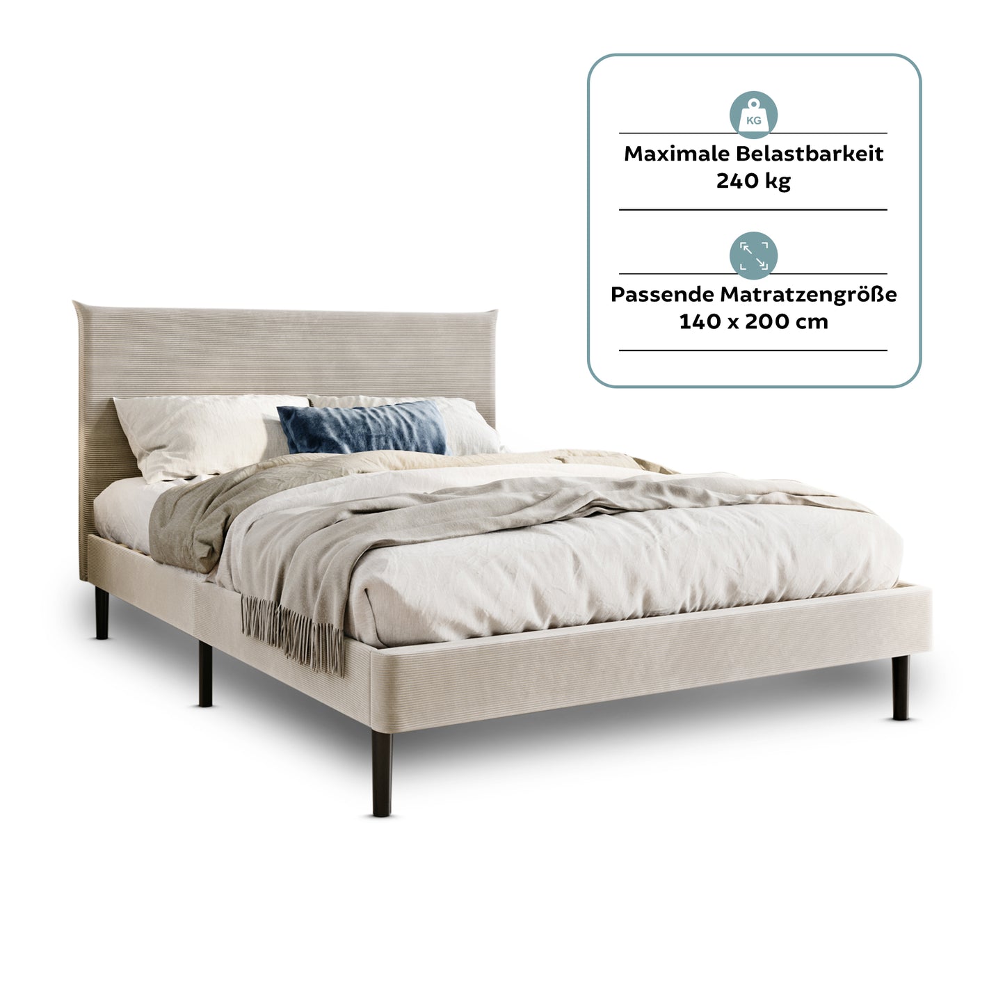 Bett 140x200 cm, Polsterbett mit Lattenrost, Bettgestell 140x200 & 160x200 cm, Doppelbett mit weichem Cord & Samt bezug und gepolstertem Kopfteil, robustes Gestell, hoher Liegekomfort