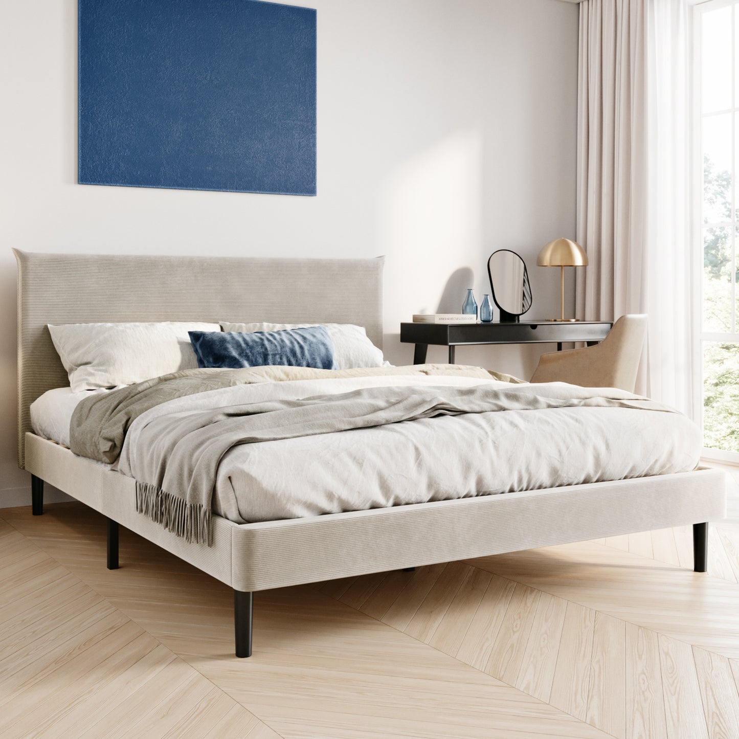 Bett 140x200 cm, Polsterbett mit Lattenrost, Bettgestell 140x200 & 160x200 cm, Doppelbett mit weichem Cord & Samt bezug und gepolstertem Kopfteil, robustes Gestell, hoher Liegekomfort
