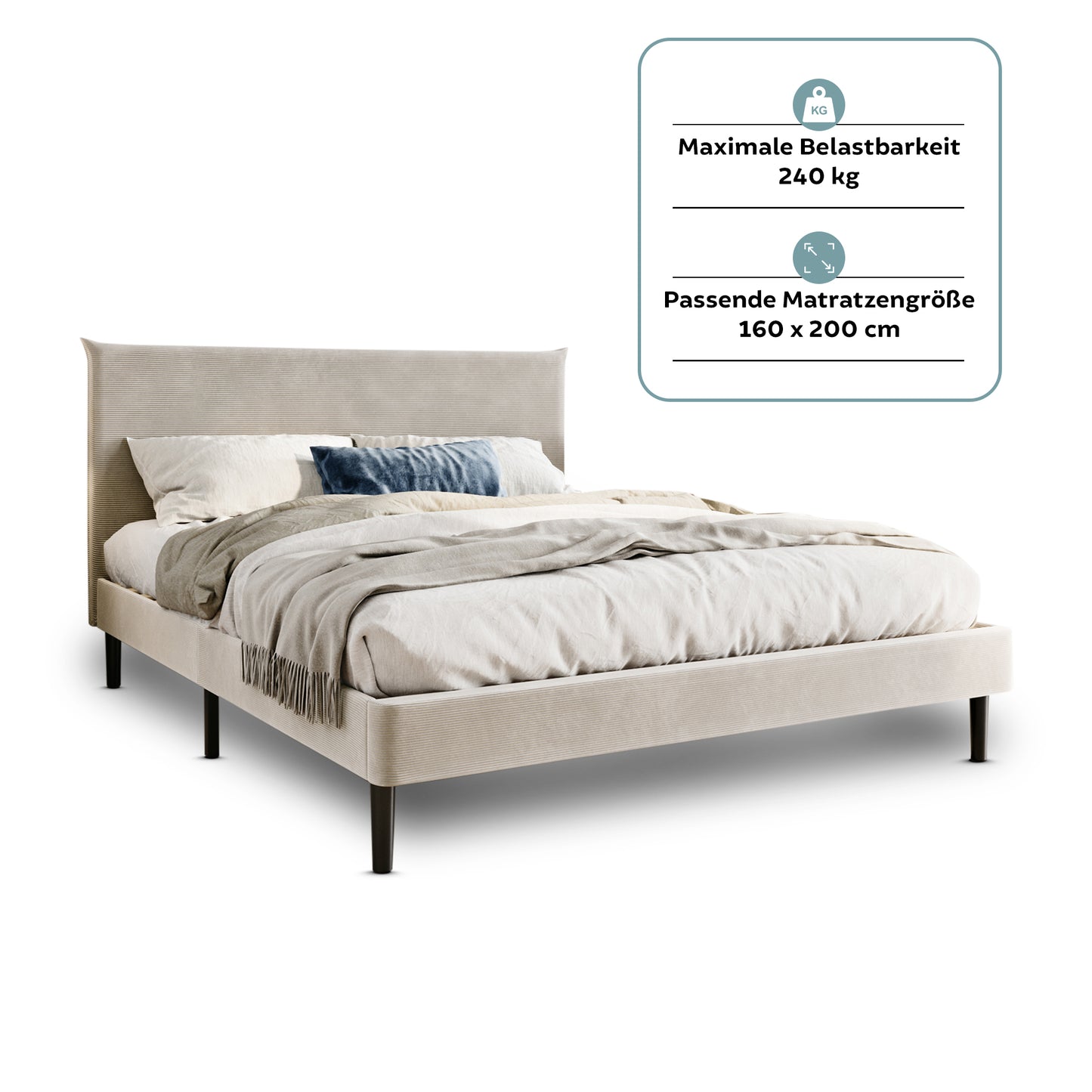 Bett 140x200 cm, Polsterbett mit Lattenrost, Bettgestell 140x200 & 160x200 cm, Doppelbett mit weichem Cord & Samt bezug und gepolstertem Kopfteil, robustes Gestell, hoher Liegekomfort