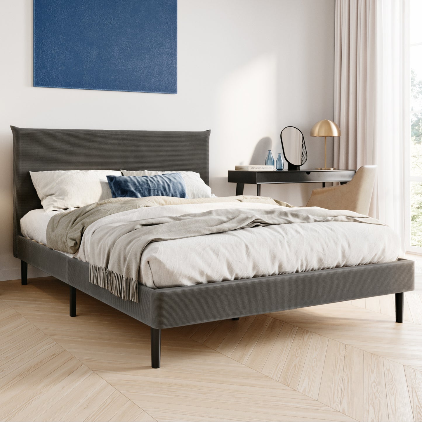 Bett 140x200 cm, Polsterbett mit Lattenrost, Bettgestell 140x200 & 160x200 cm, Doppelbett mit weichem Cord & Samt bezug und gepolstertem Kopfteil, robustes Gestell, hoher Liegekomfort